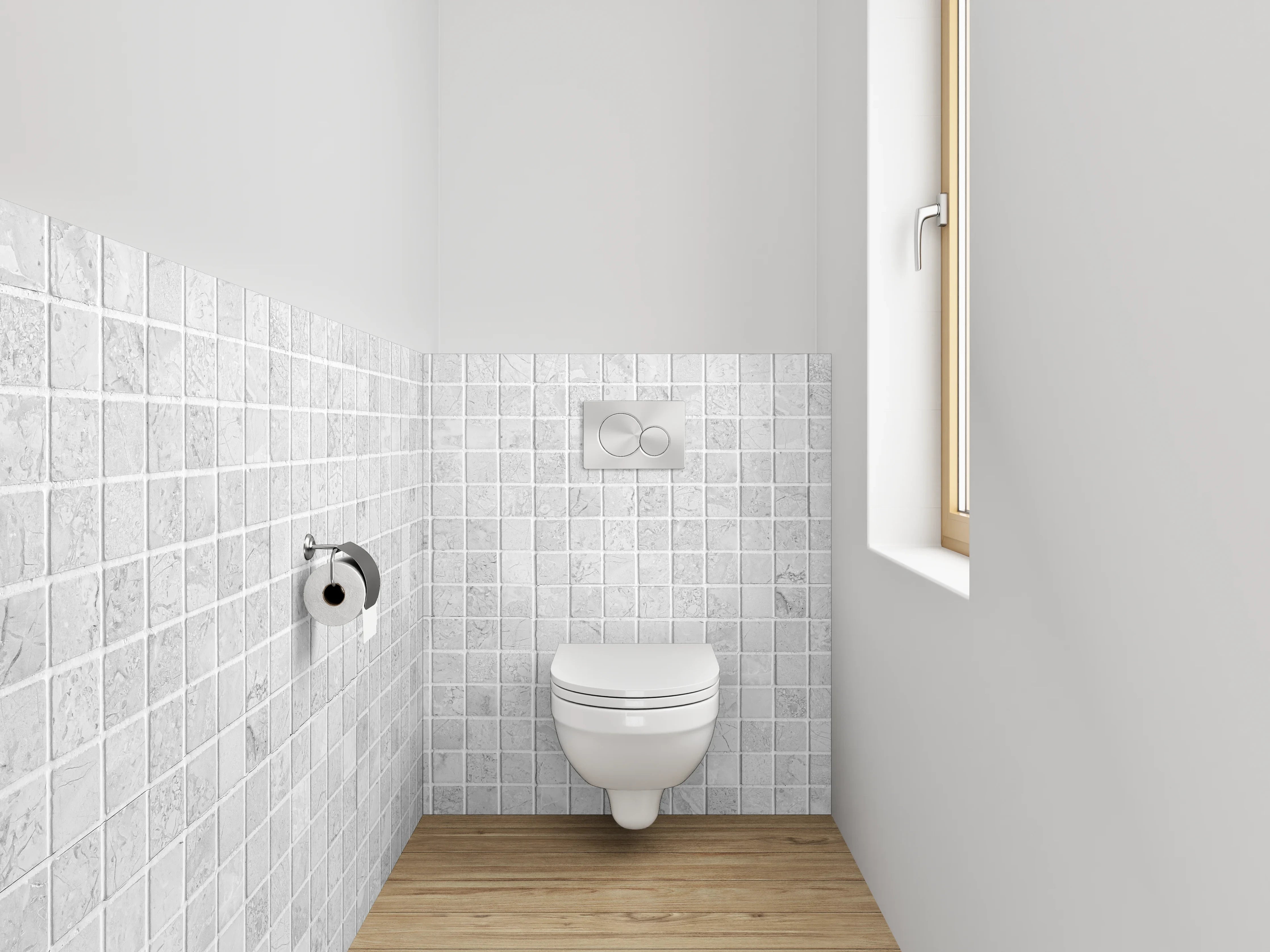 WC-Rückwand - Weiße Mosaikfliesen mit dezentem Muster