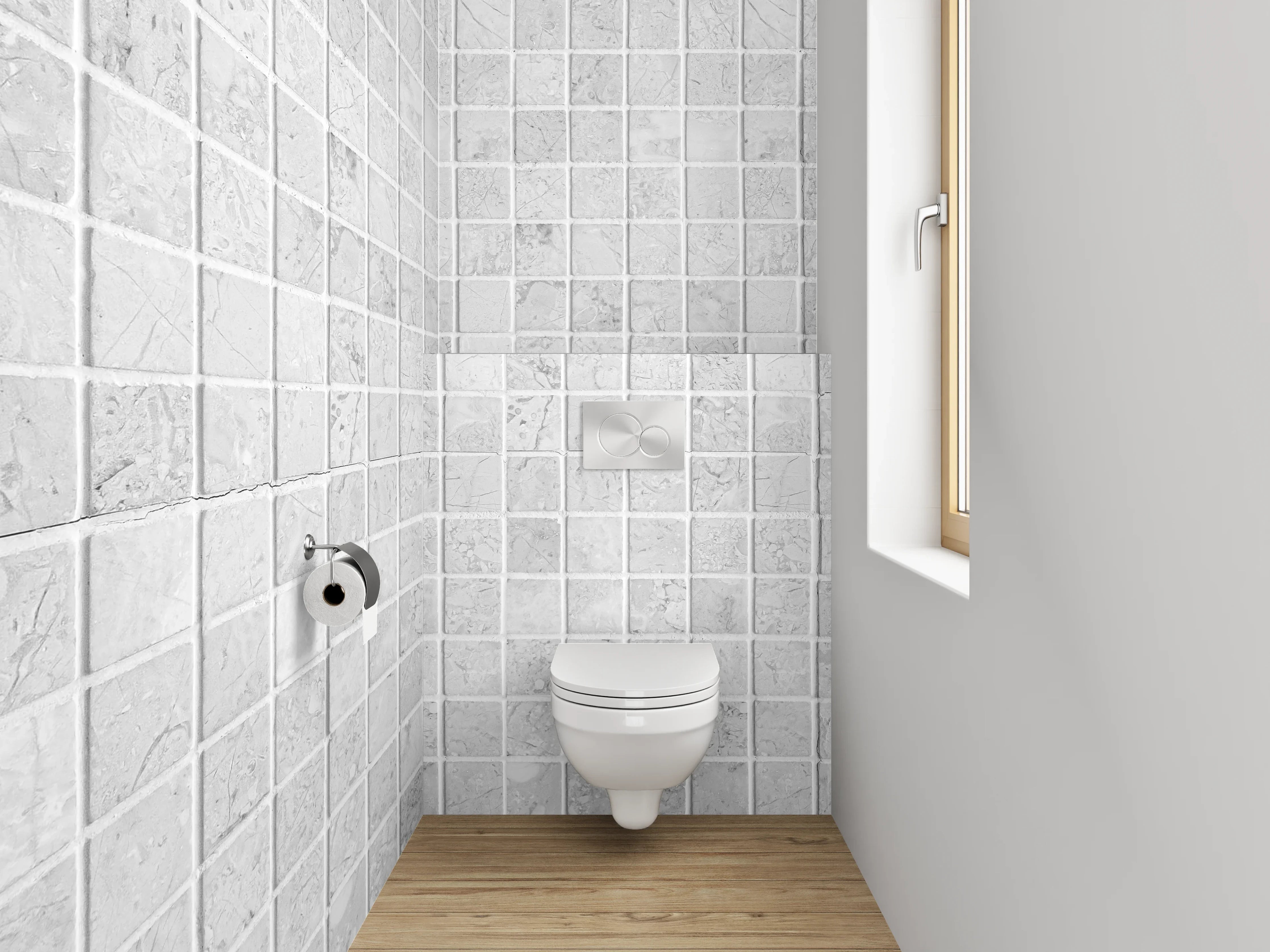 WC-Rückwand - Weiße Mosaikfliesen mit dezentem Muster