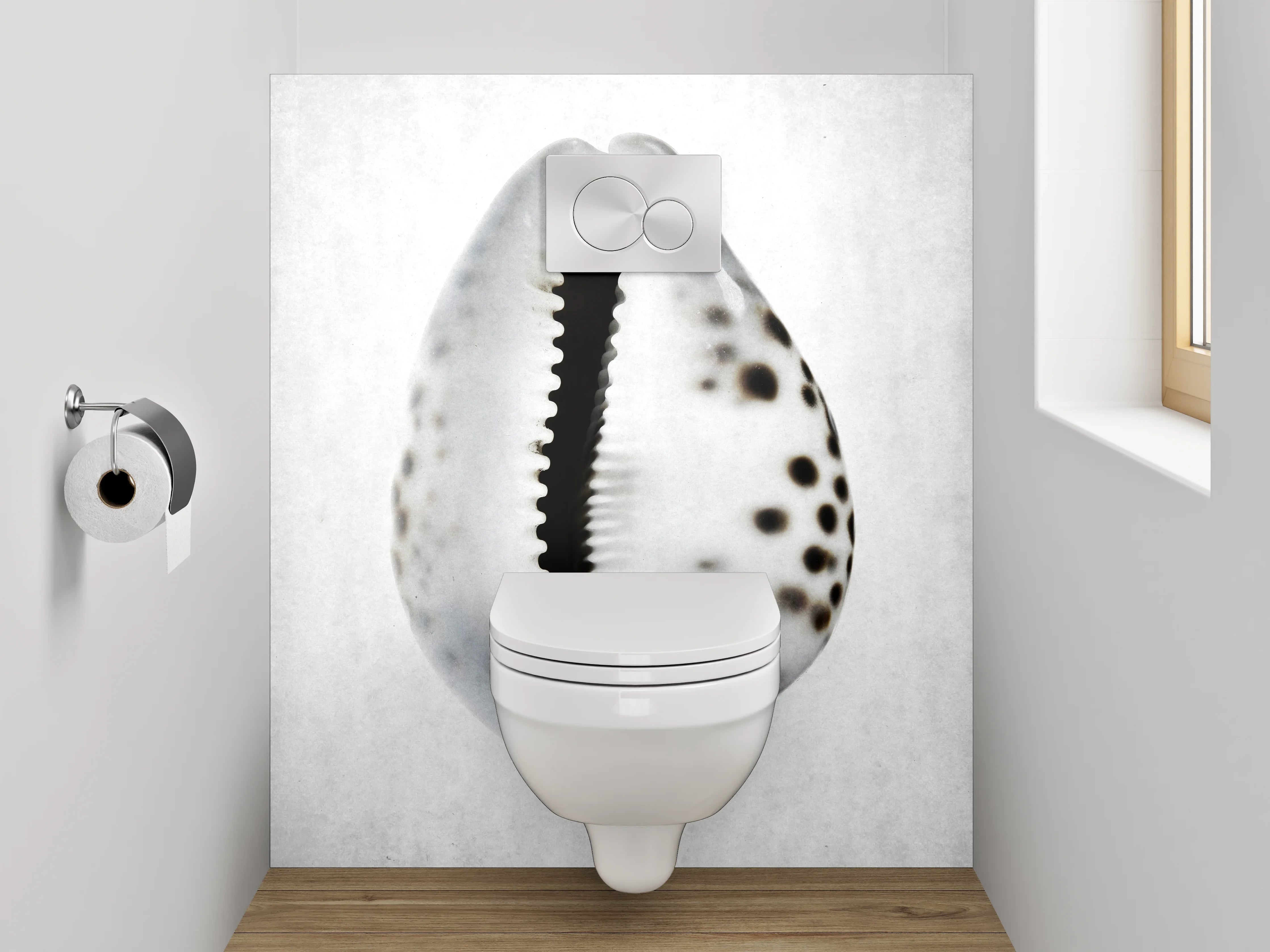 WC-Rückwand - Weiße Muschel mit schwarzen Punkten