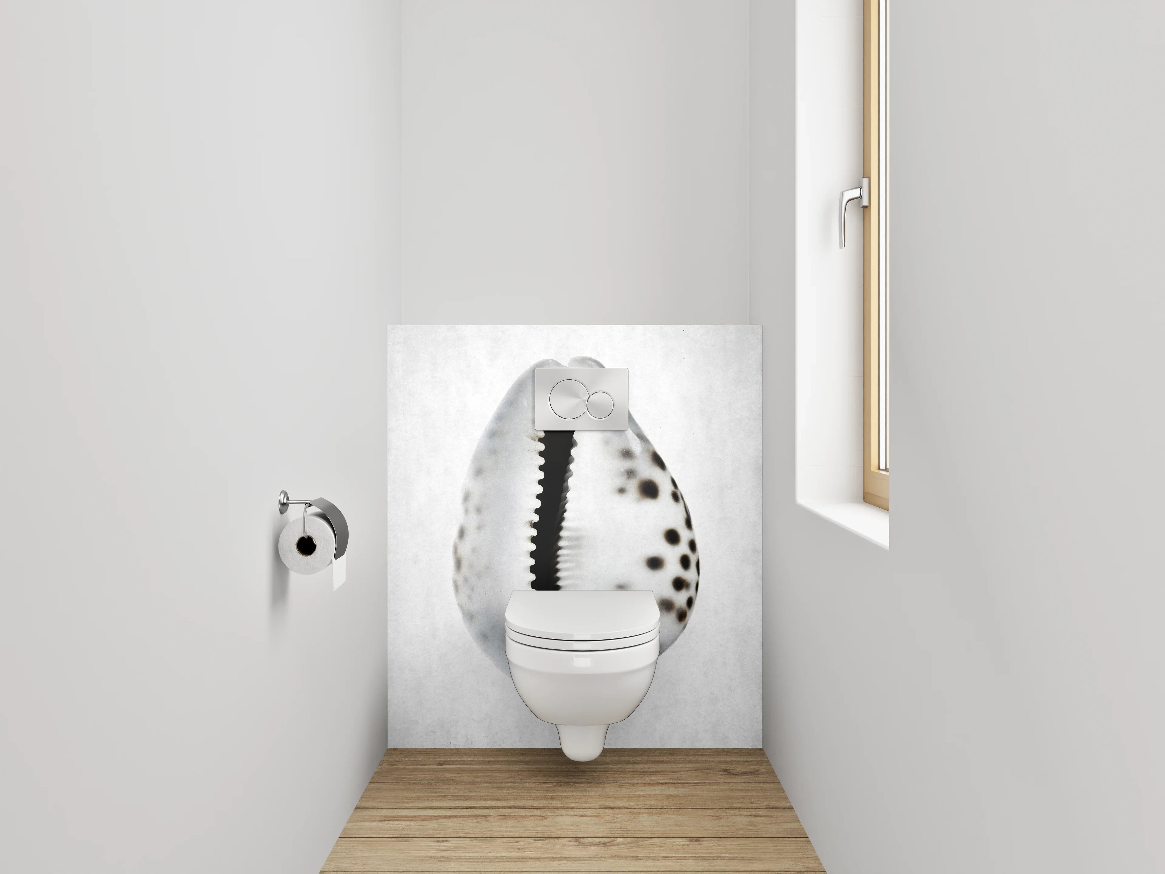 WC-Rückwand - Weiße Muschel mit schwarzen Punkten