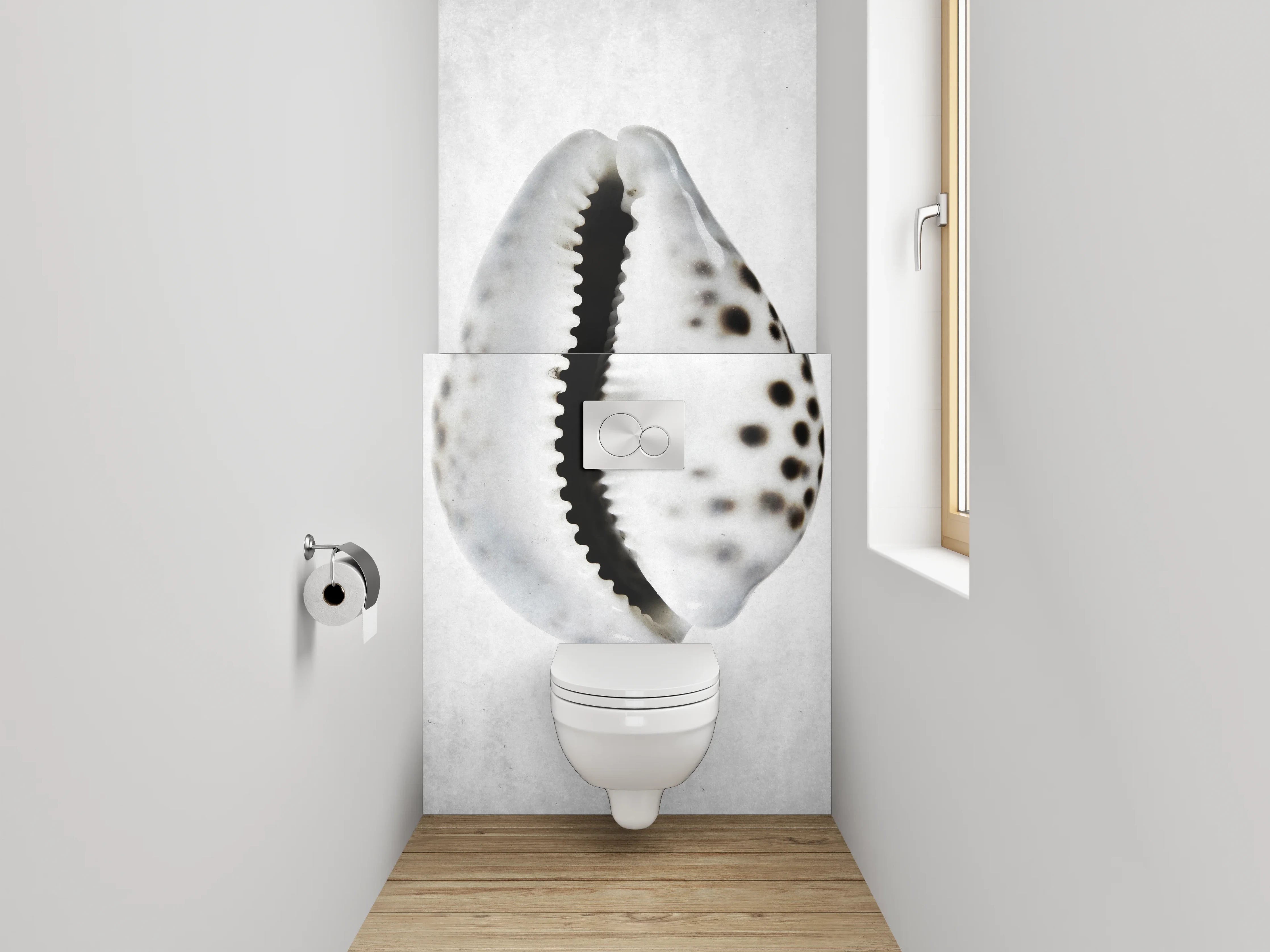 WC-Rückwand - Weiße Muschel mit schwarzen Punkten