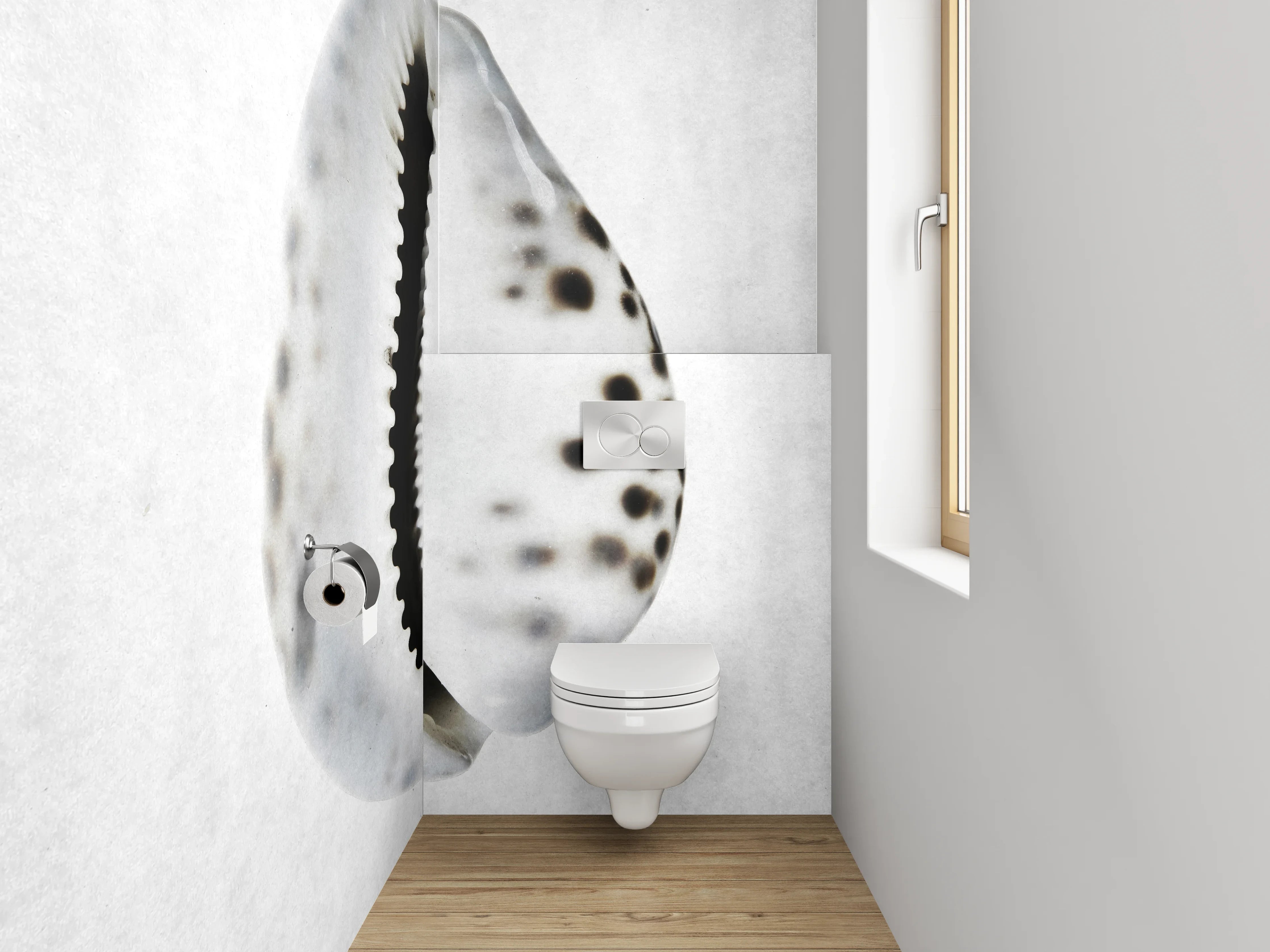 WC-Rückwand - Weiße Muschel mit schwarzen Punkten