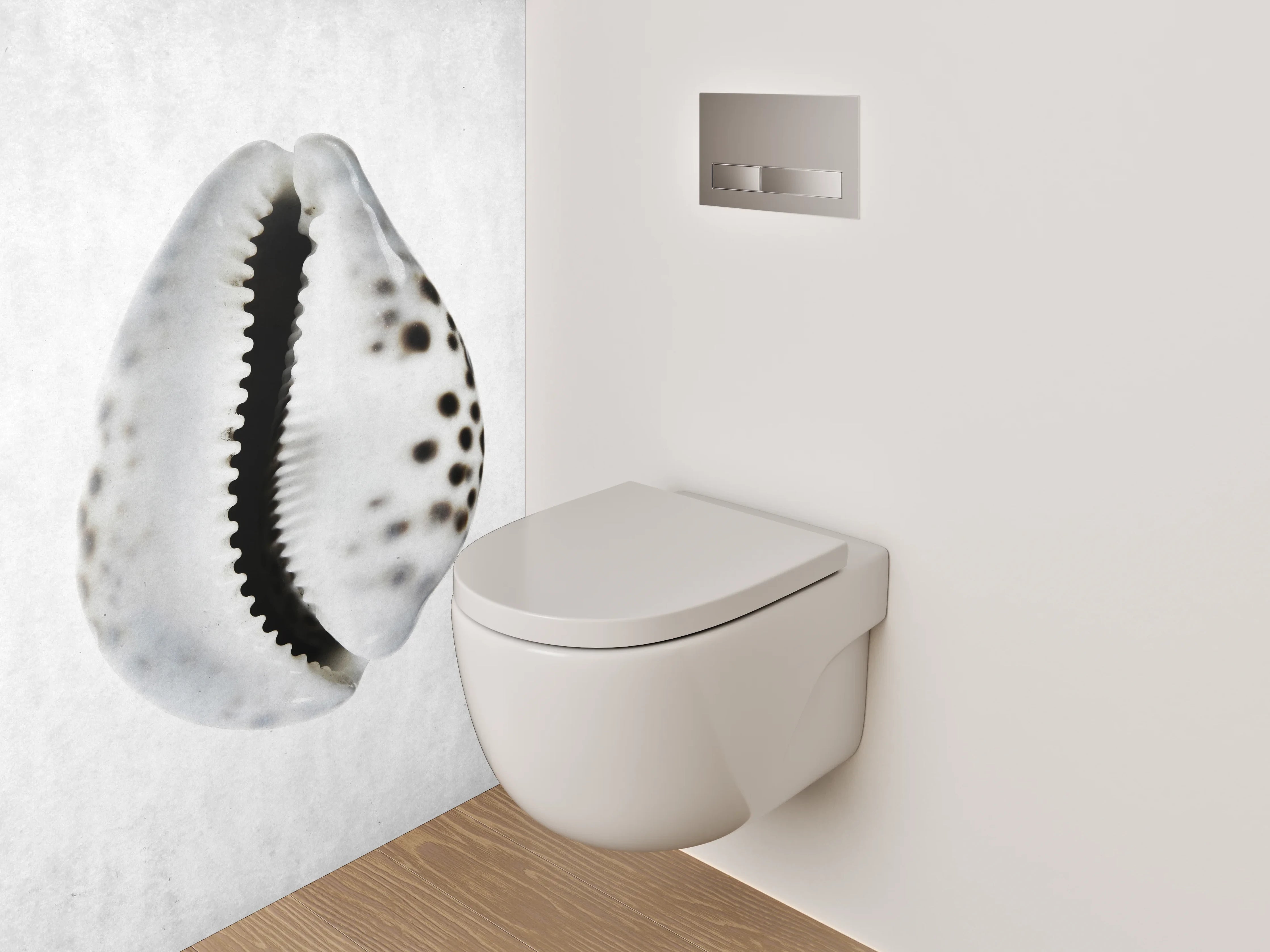 WC-Rückwand - Weiße Muschel mit schwarzen Punkten
