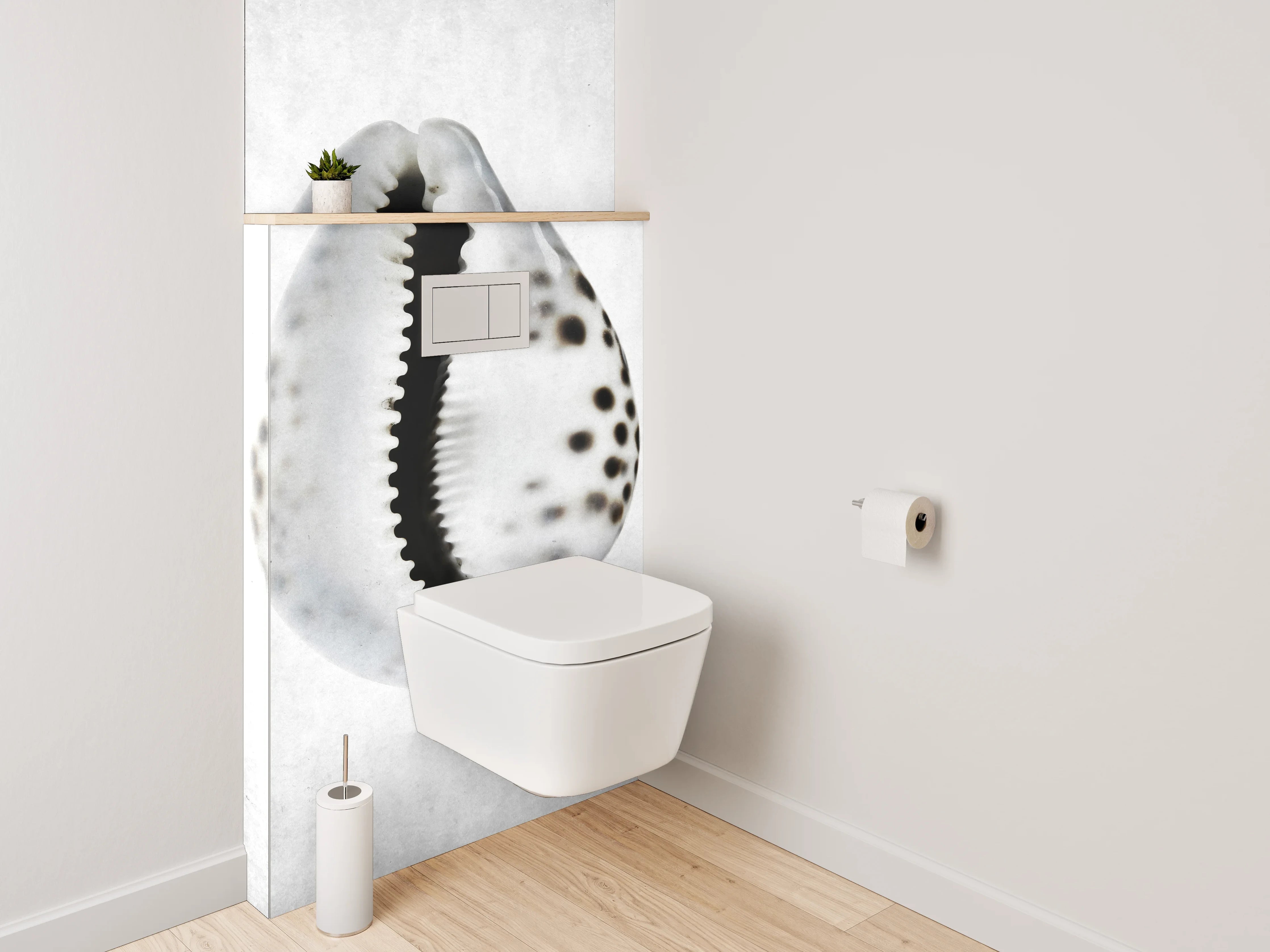 WC-Rückwand - Weiße Muschel mit schwarzen Punkten