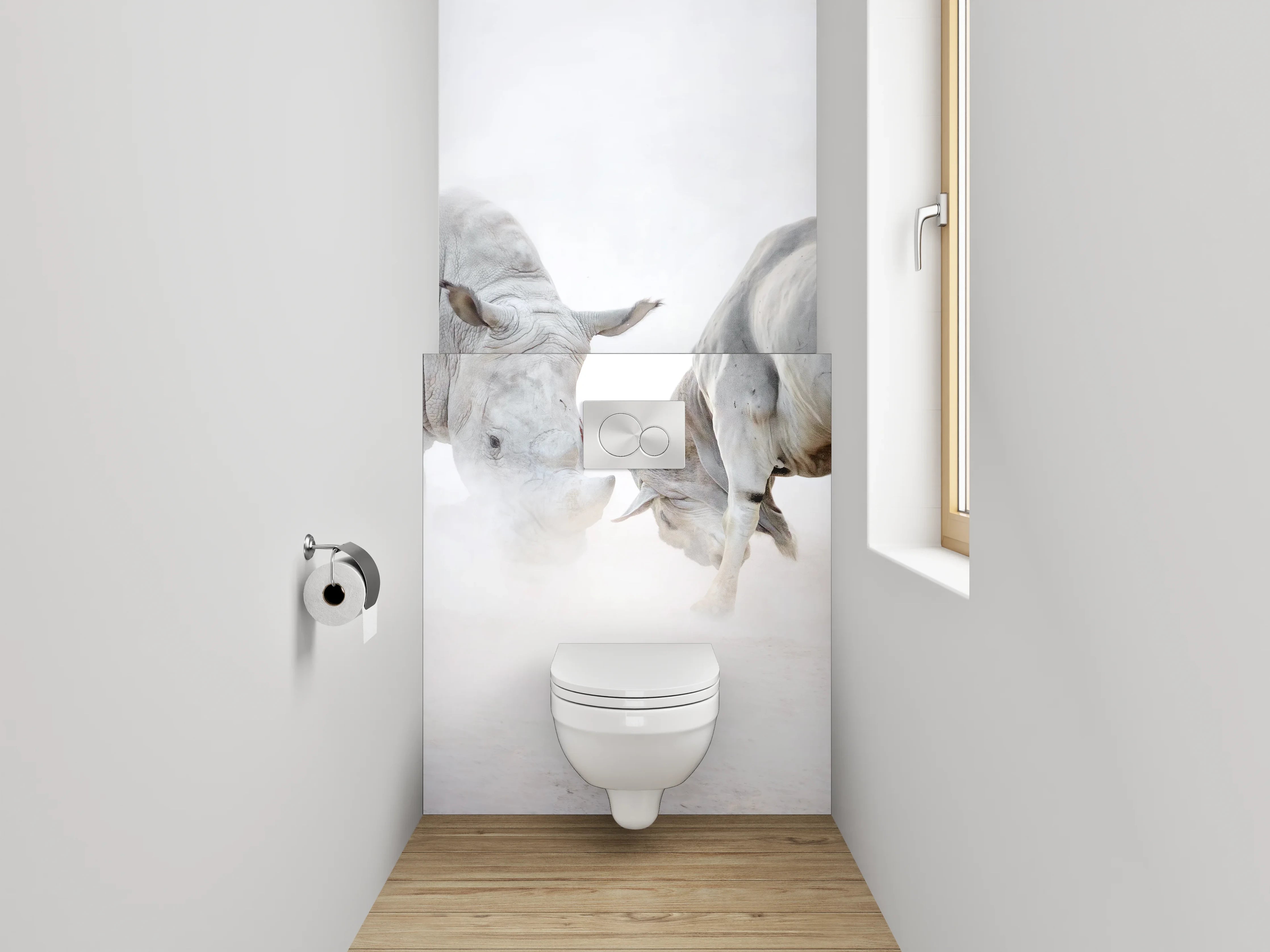 WC-Rückwand - Weiße Nashörner kämpfen im Nebel