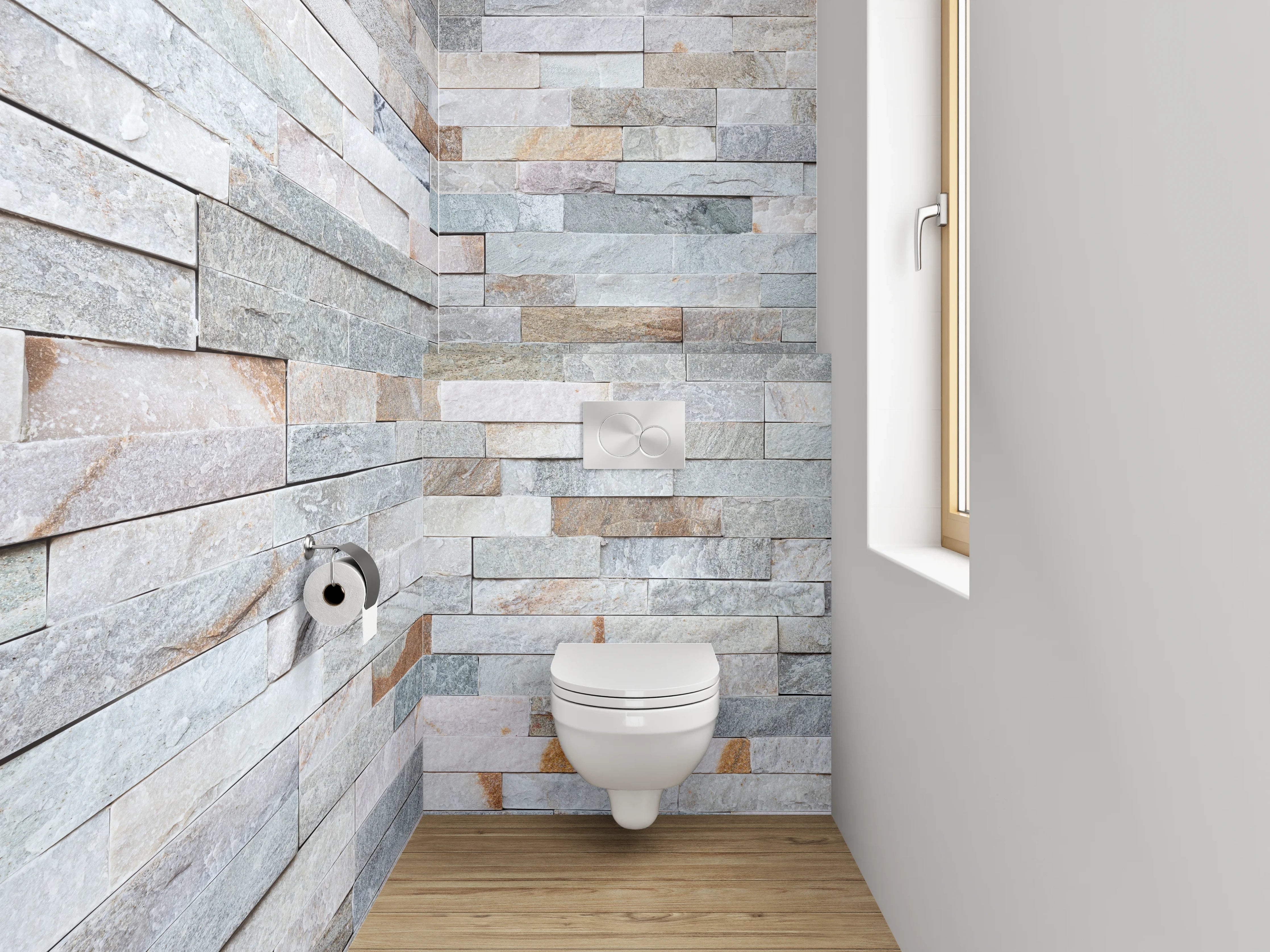 WC-Rückwand - Weiße Natursteinmauer Fliesen-Optik