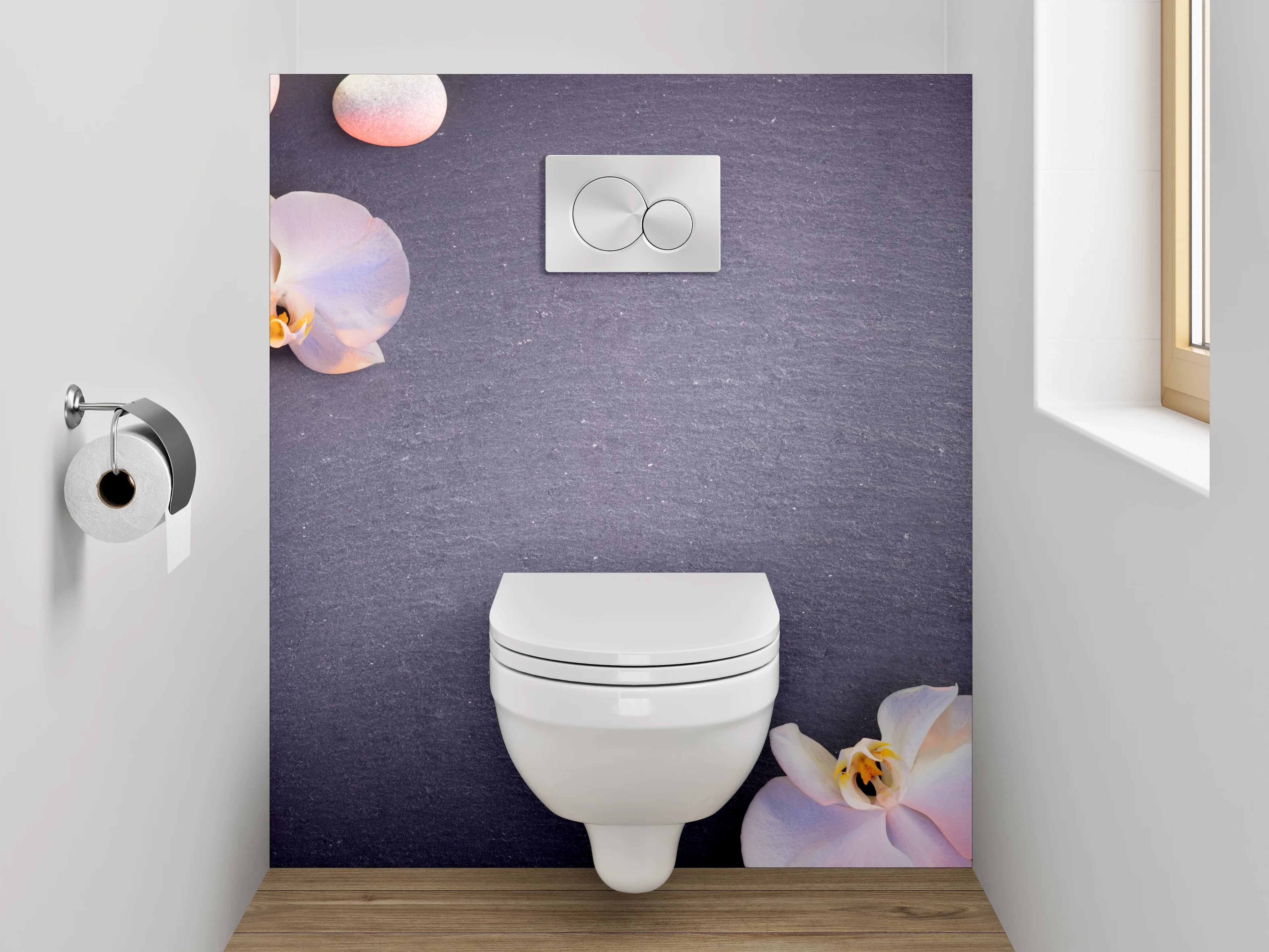 WC-Rückwand - Weiße Orchideen mit Stabmixer und Steinen
