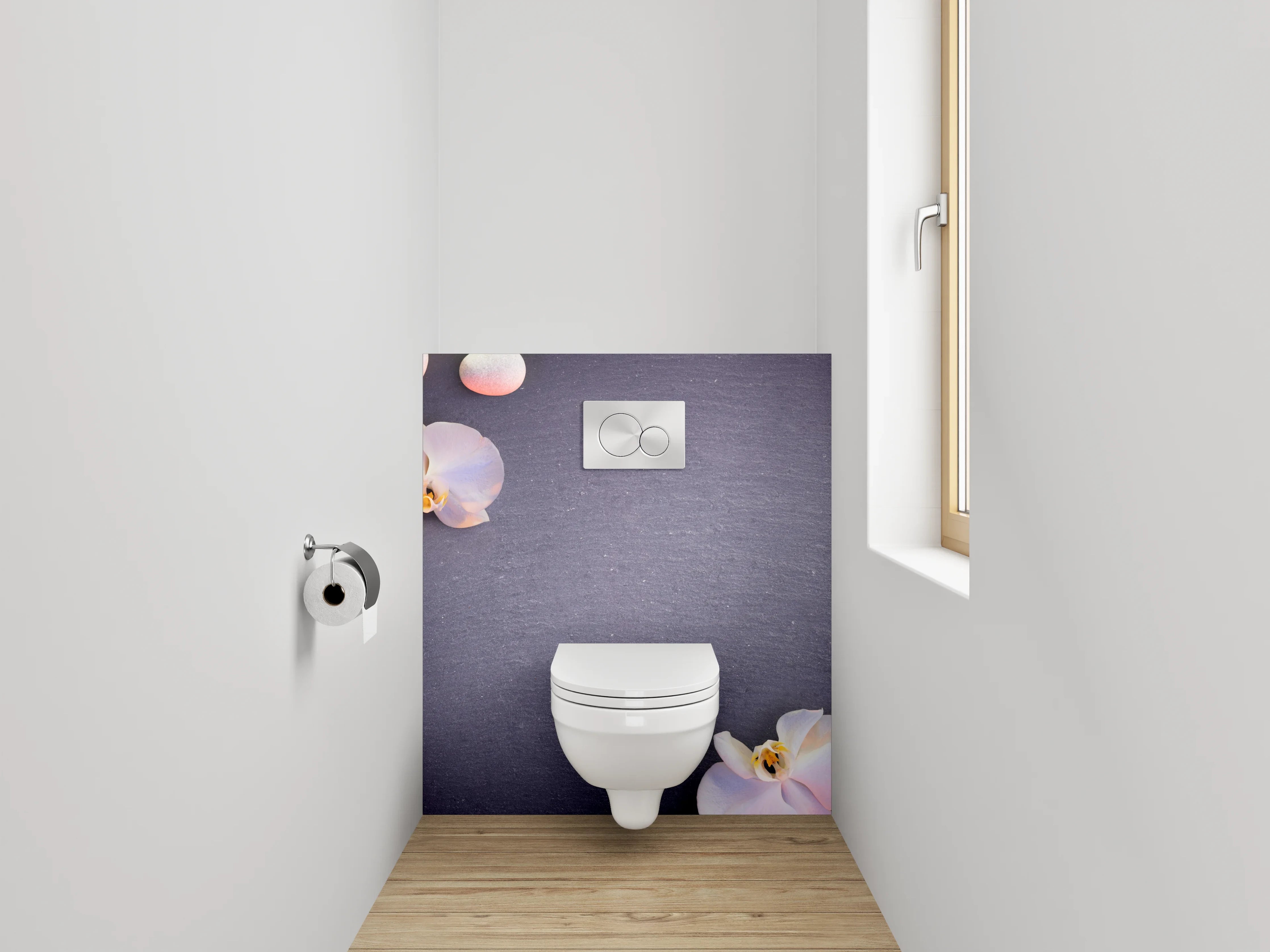 WC-Rückwand - Weiße Orchideen mit Stabmixer und Steinen