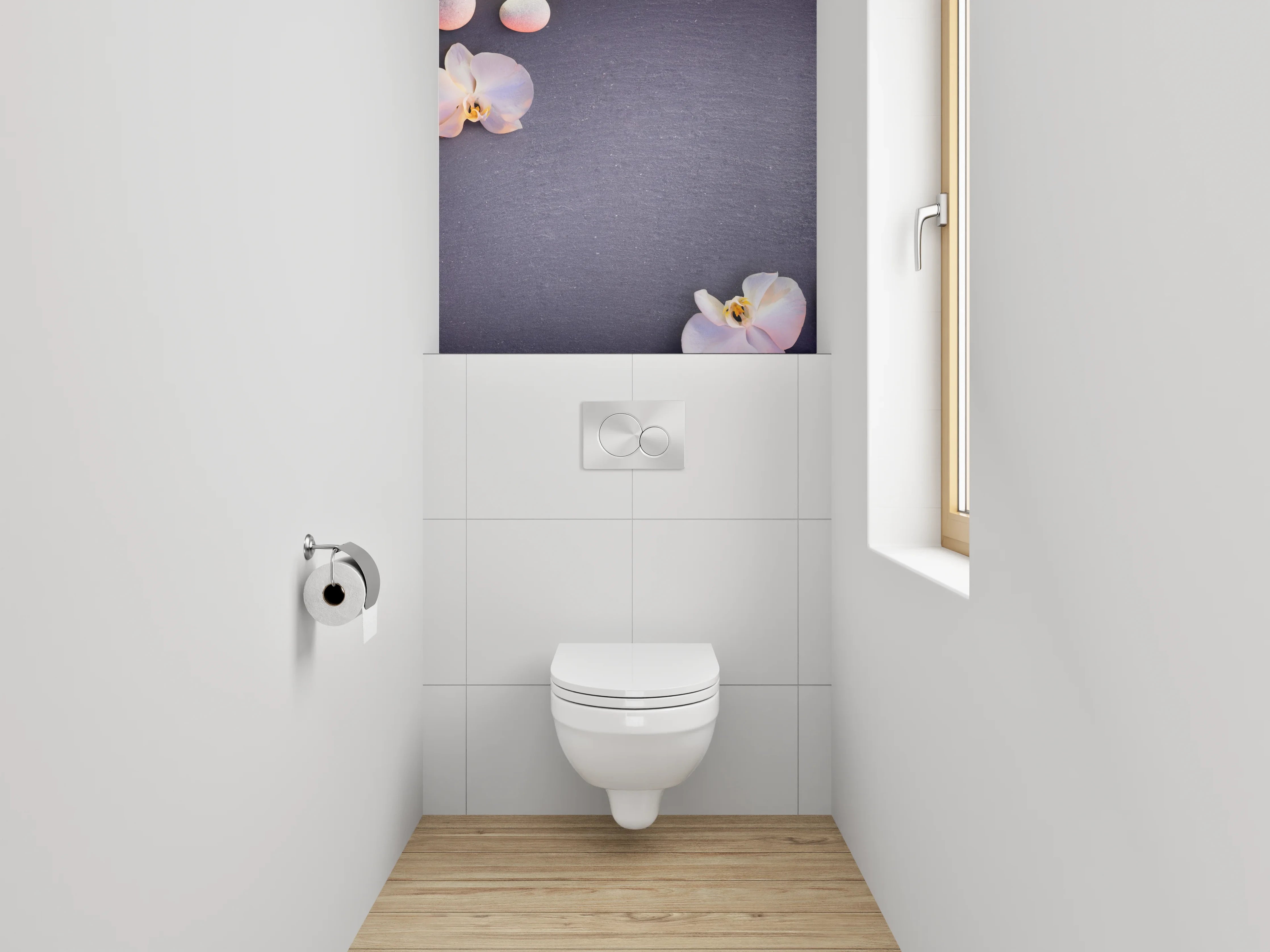 WC-Rückwand - Weiße Orchideen mit Stabmixer und Steinen