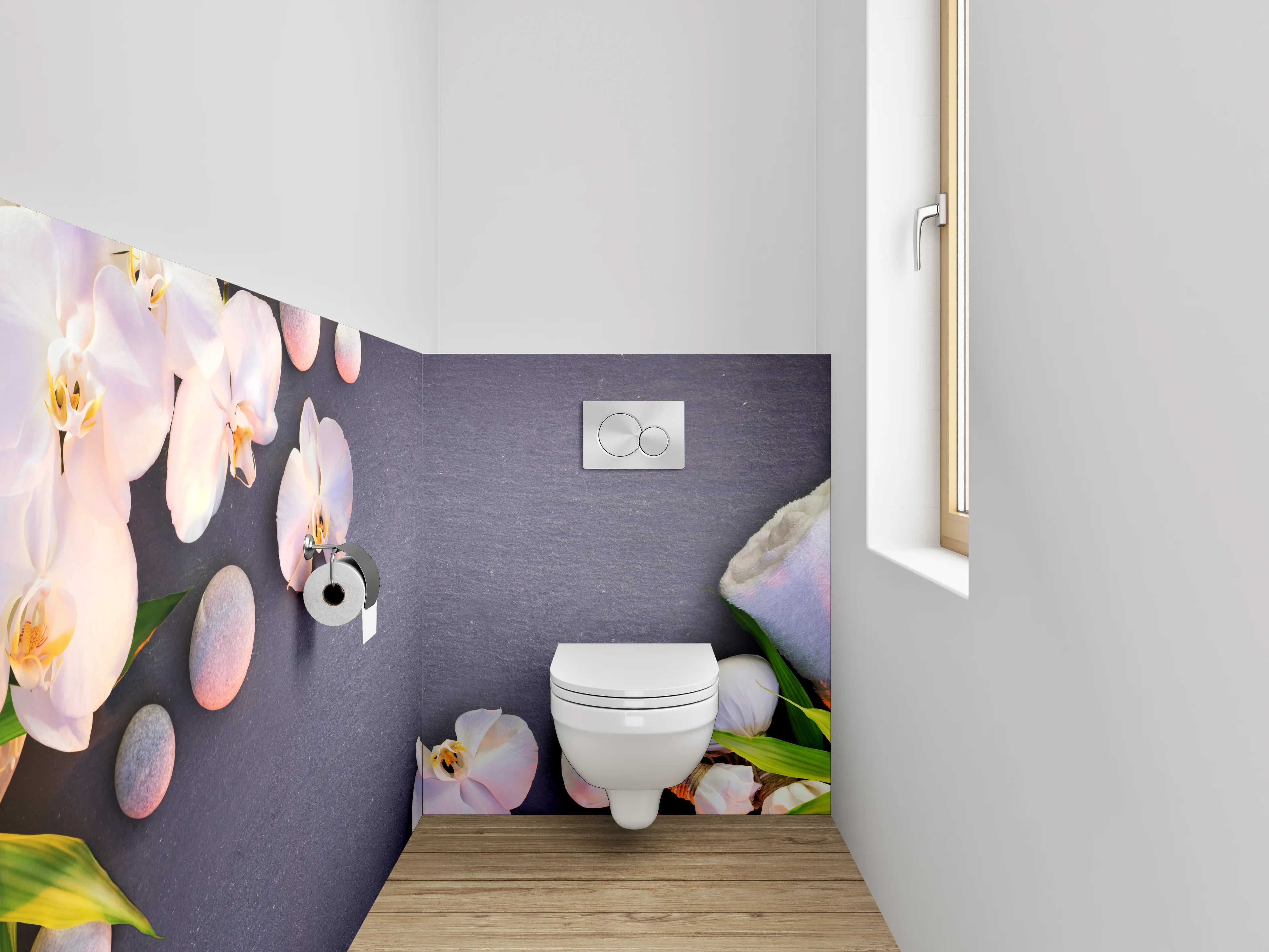 WC-Rückwand - Weiße Orchideen mit Stabmixer und Steinen