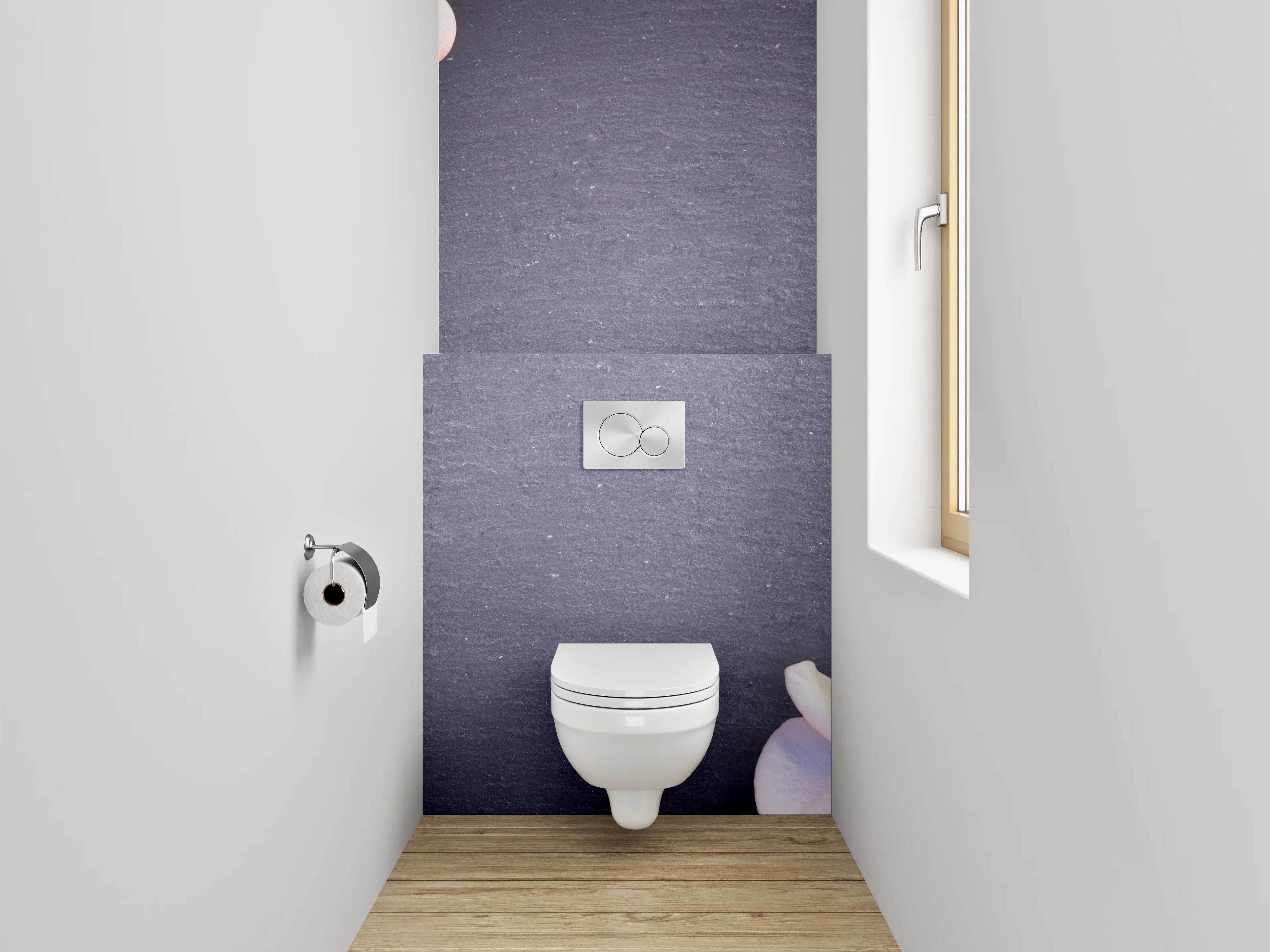 WC-Rückwand - Weiße Orchideen mit Stabmixer und Steinen