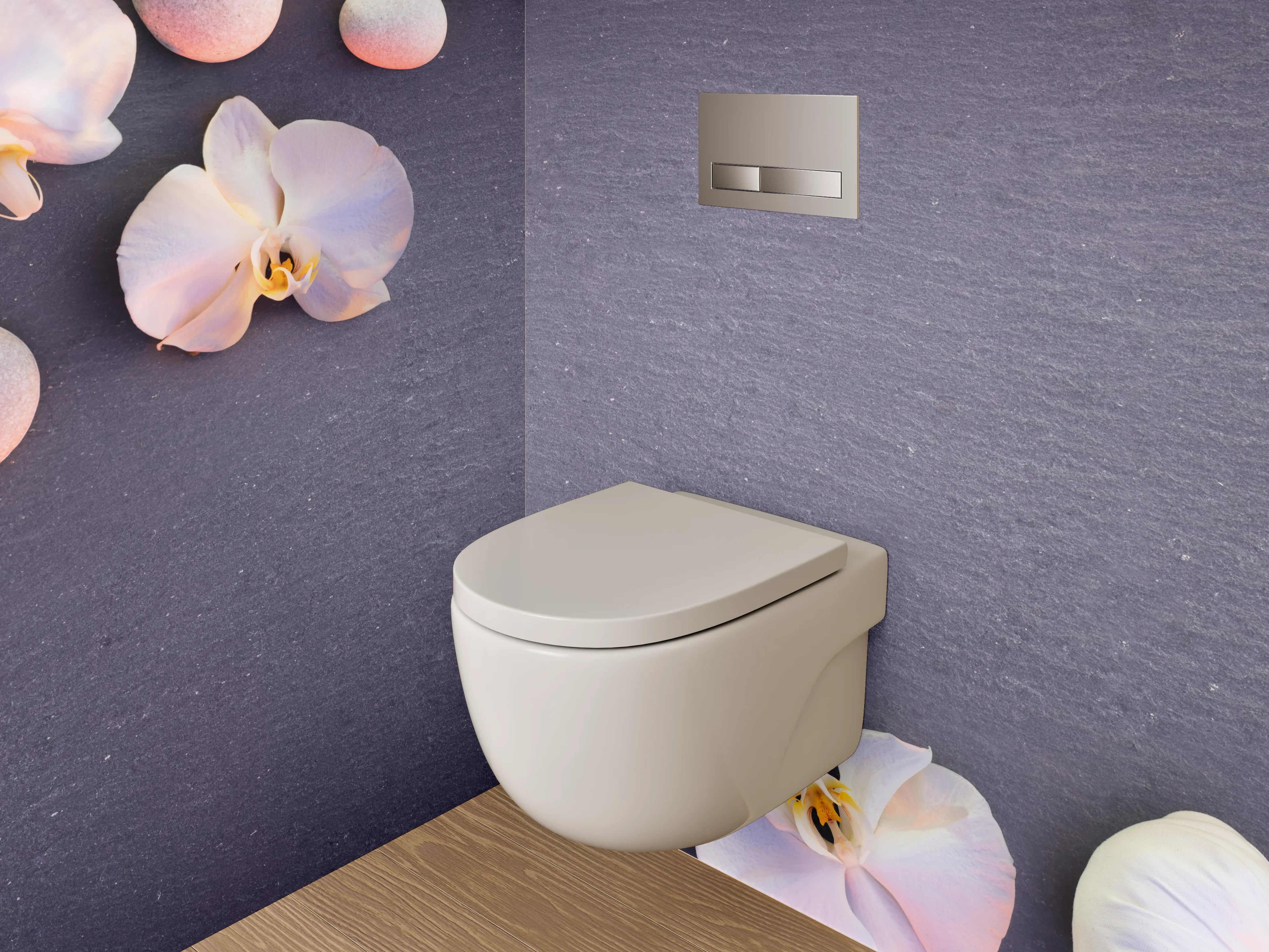 WC-Rückwand - Weiße Orchideen mit Stabmixer und Steinen
