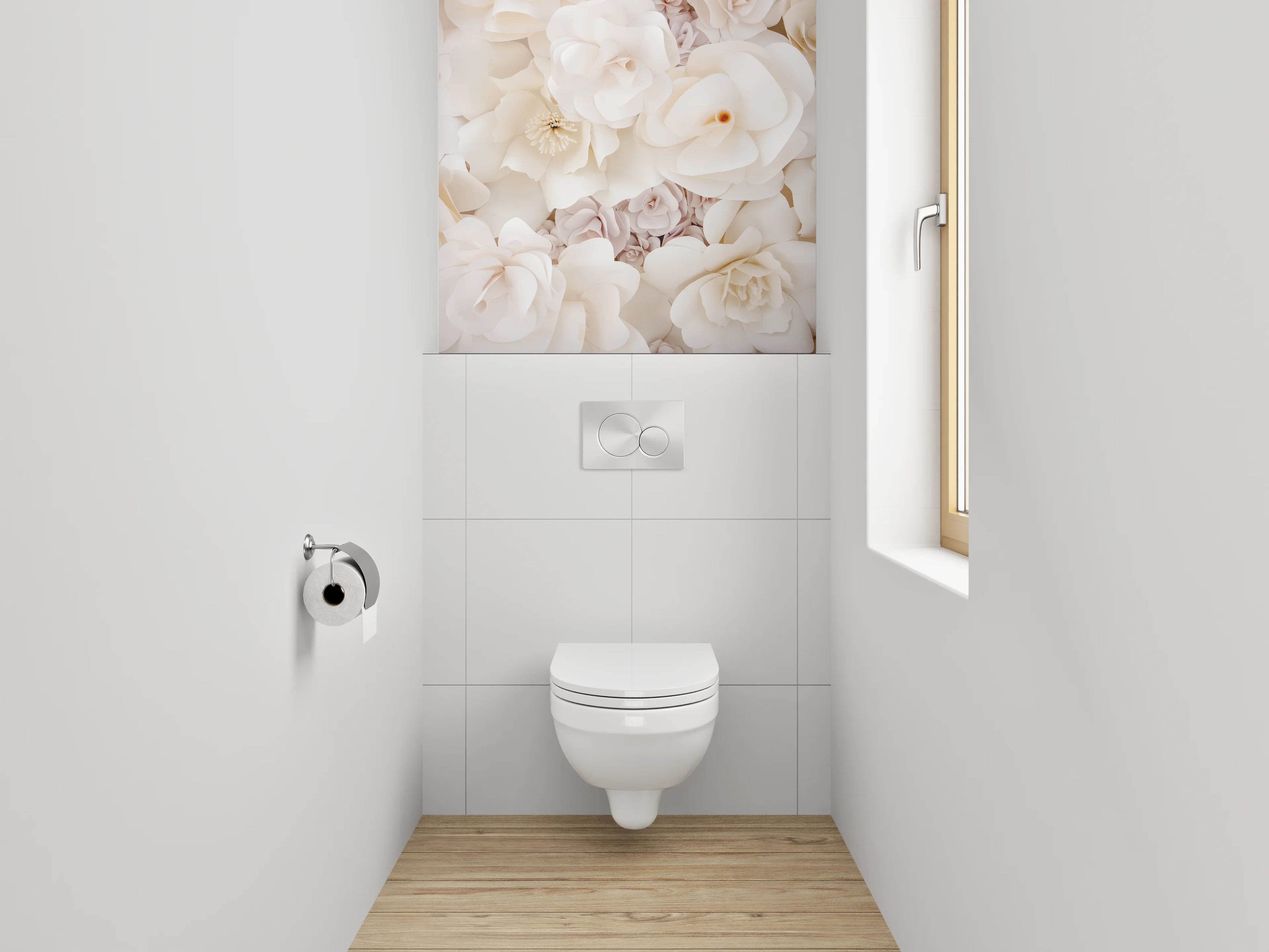 WC-Rückwand - Weiße Papierblumen Deko Wand