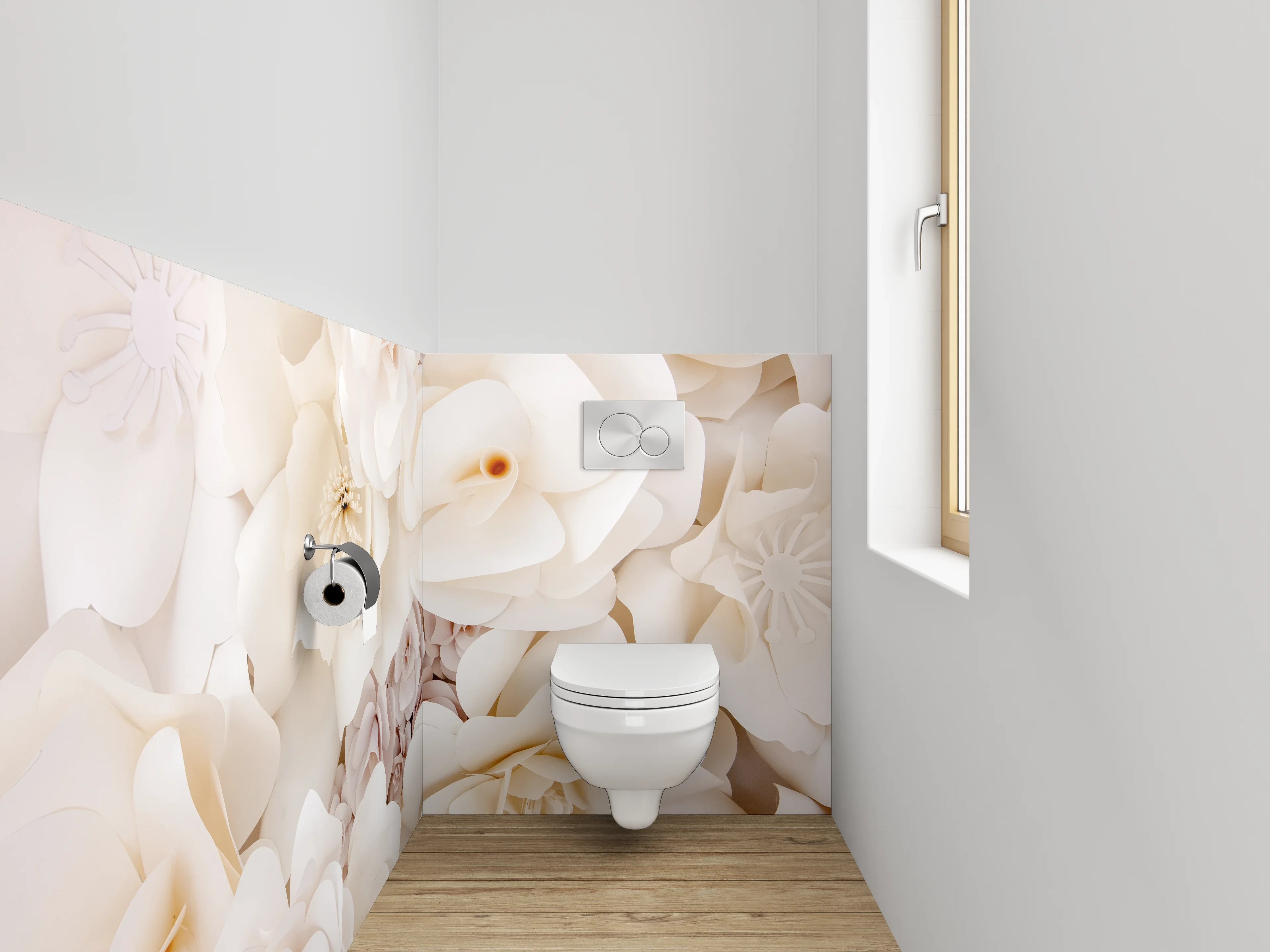 WC-Rückwand - Weiße Papierblumen Deko Wand