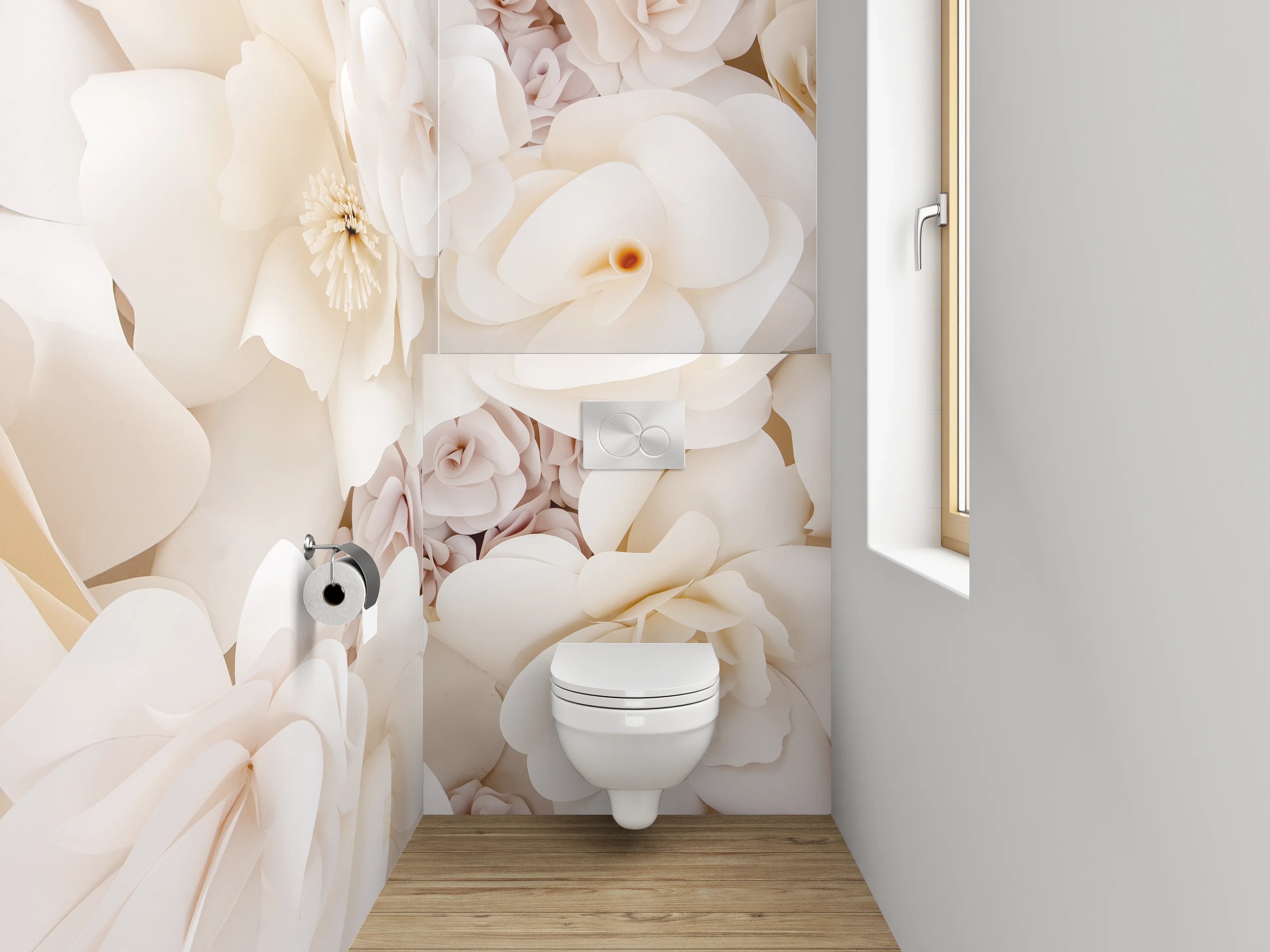 WC-Rückwand - Weiße Papierblumen Deko Wand