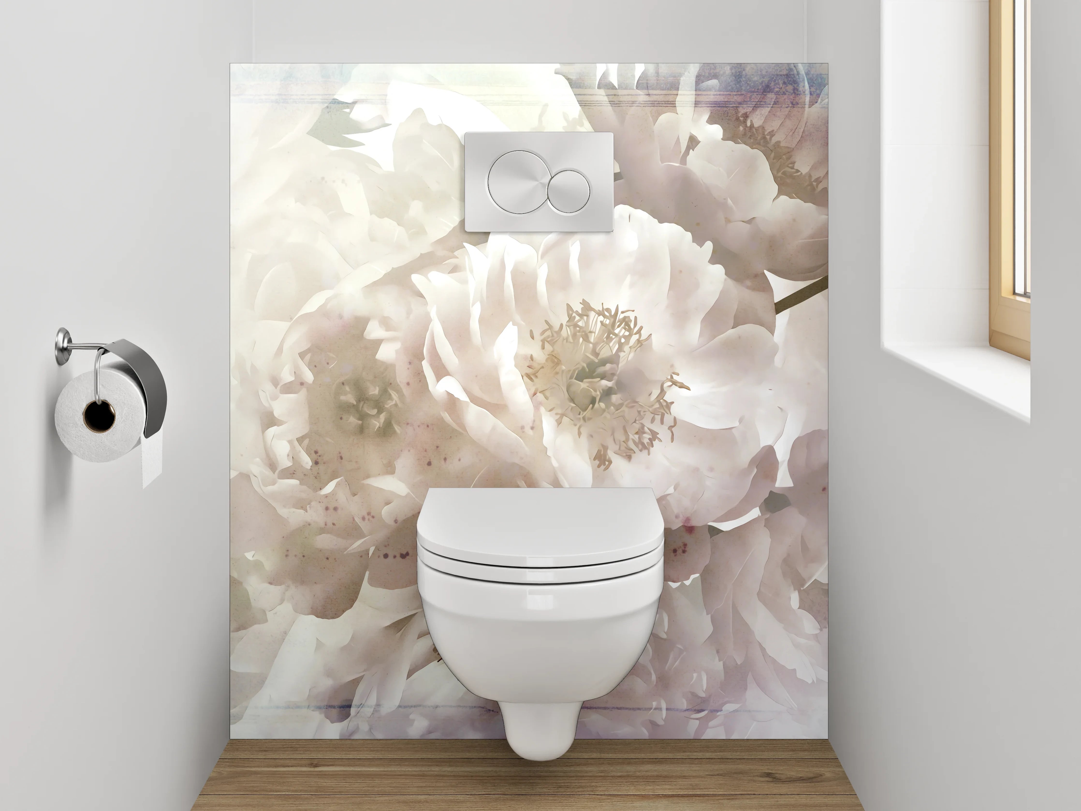 WC-Rückwand - Weiße Pfingstrosen Blüten Aquarell