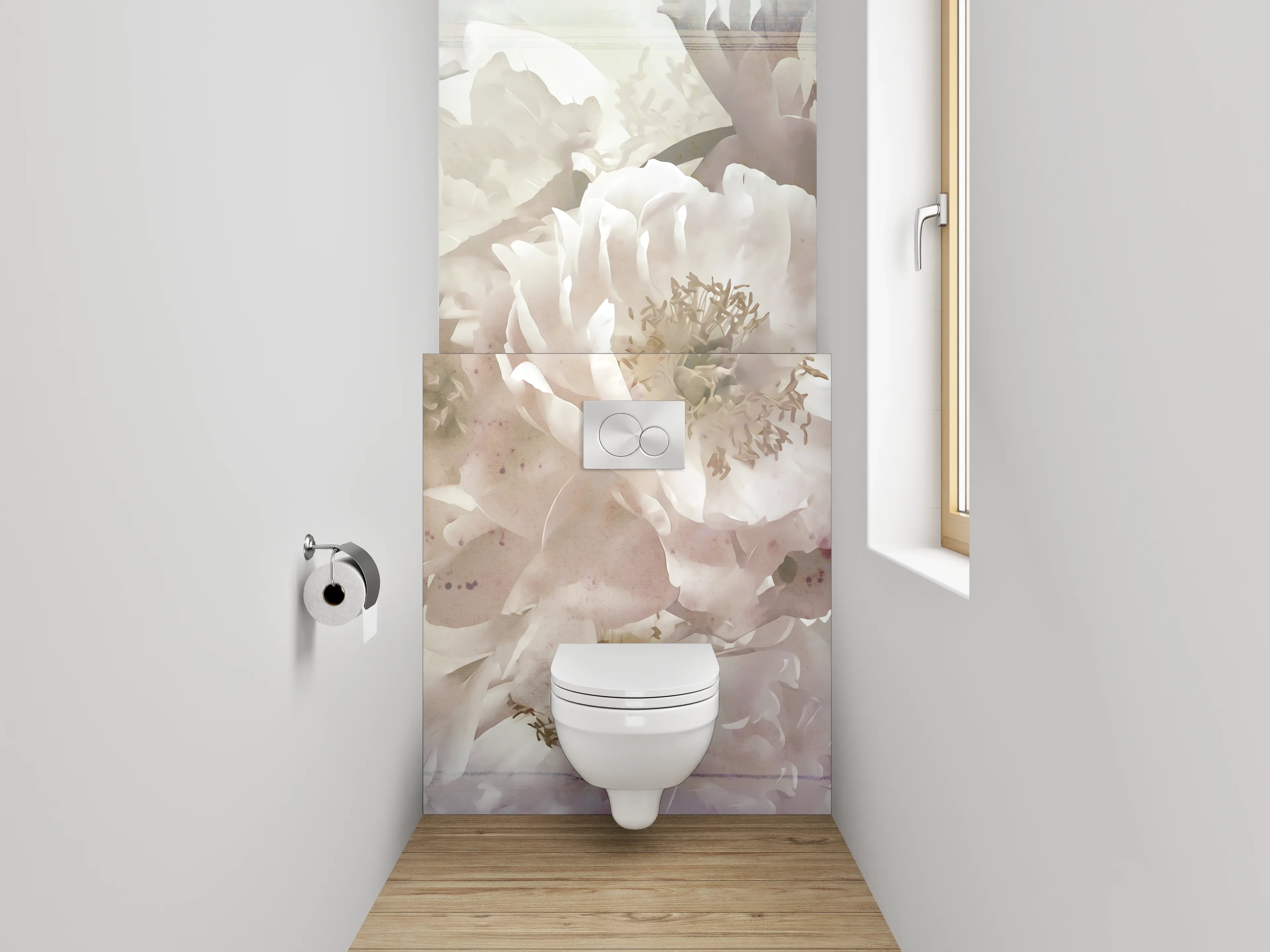 WC-Rückwand - Weiße Pfingstrosen Blüten Aquarell