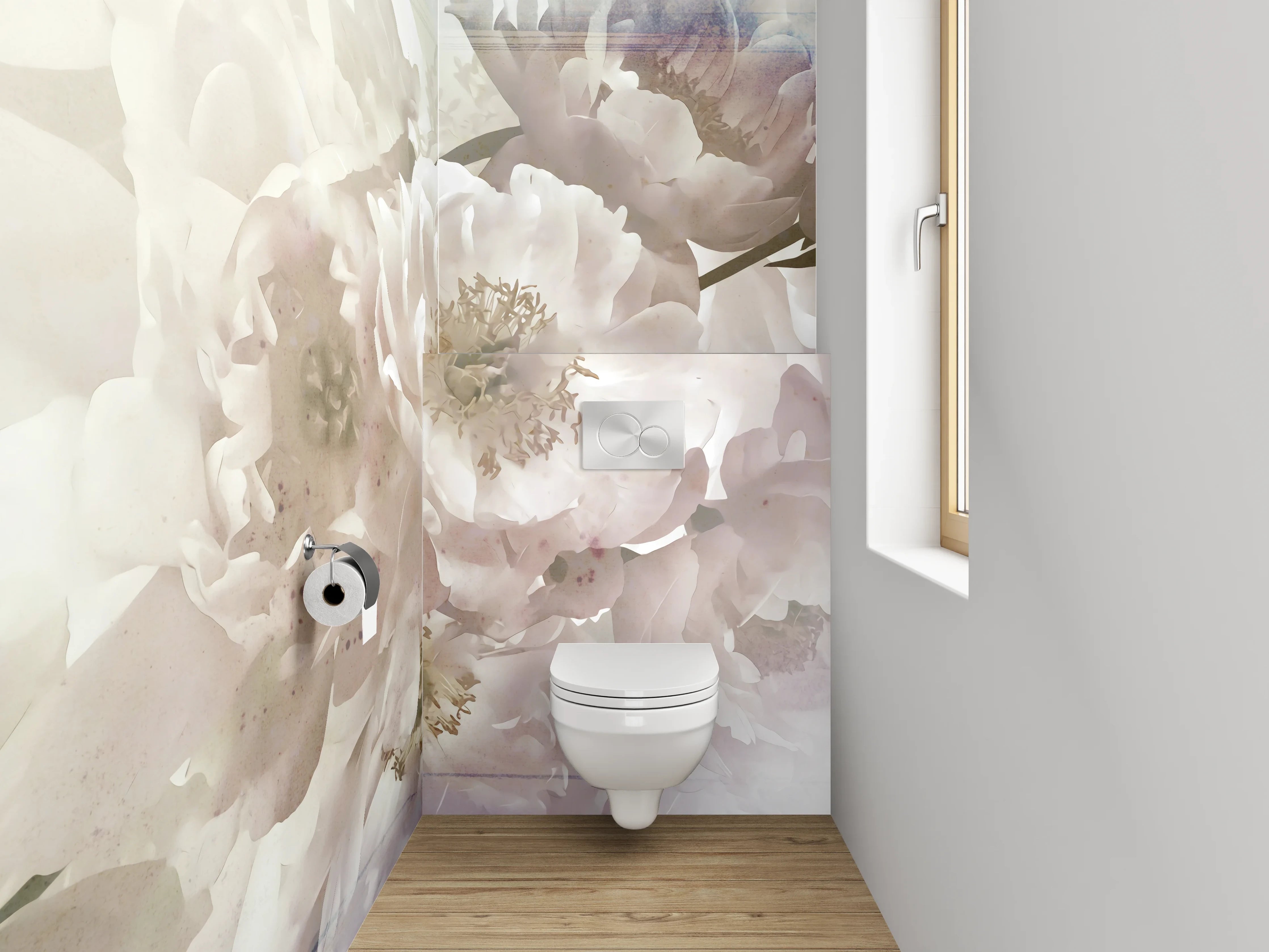 WC-Rückwand - Weiße Pfingstrosen Blüten Aquarell