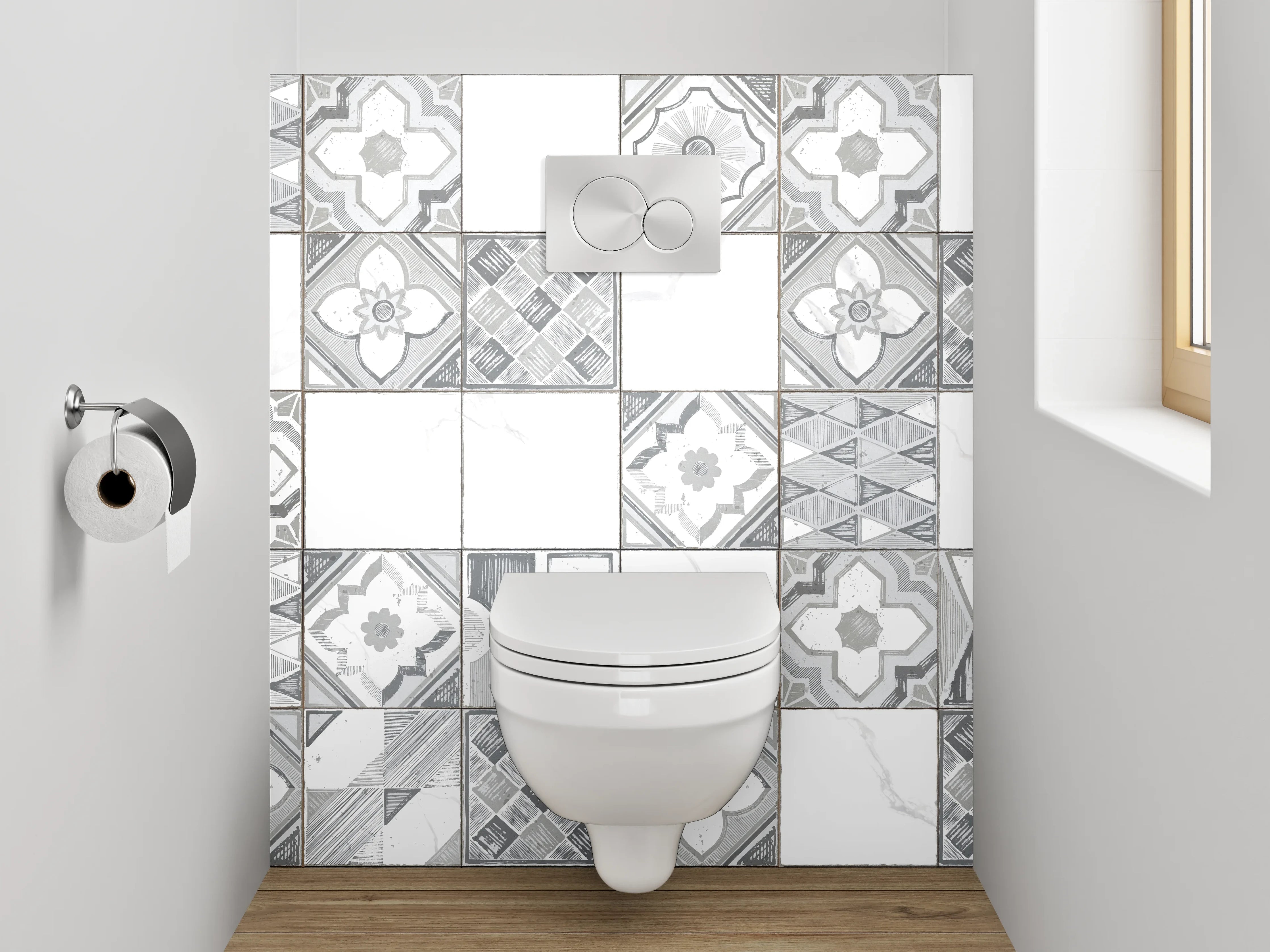 WC-Rückwand - Weiße Retro-Fliesen mit Muster Grau