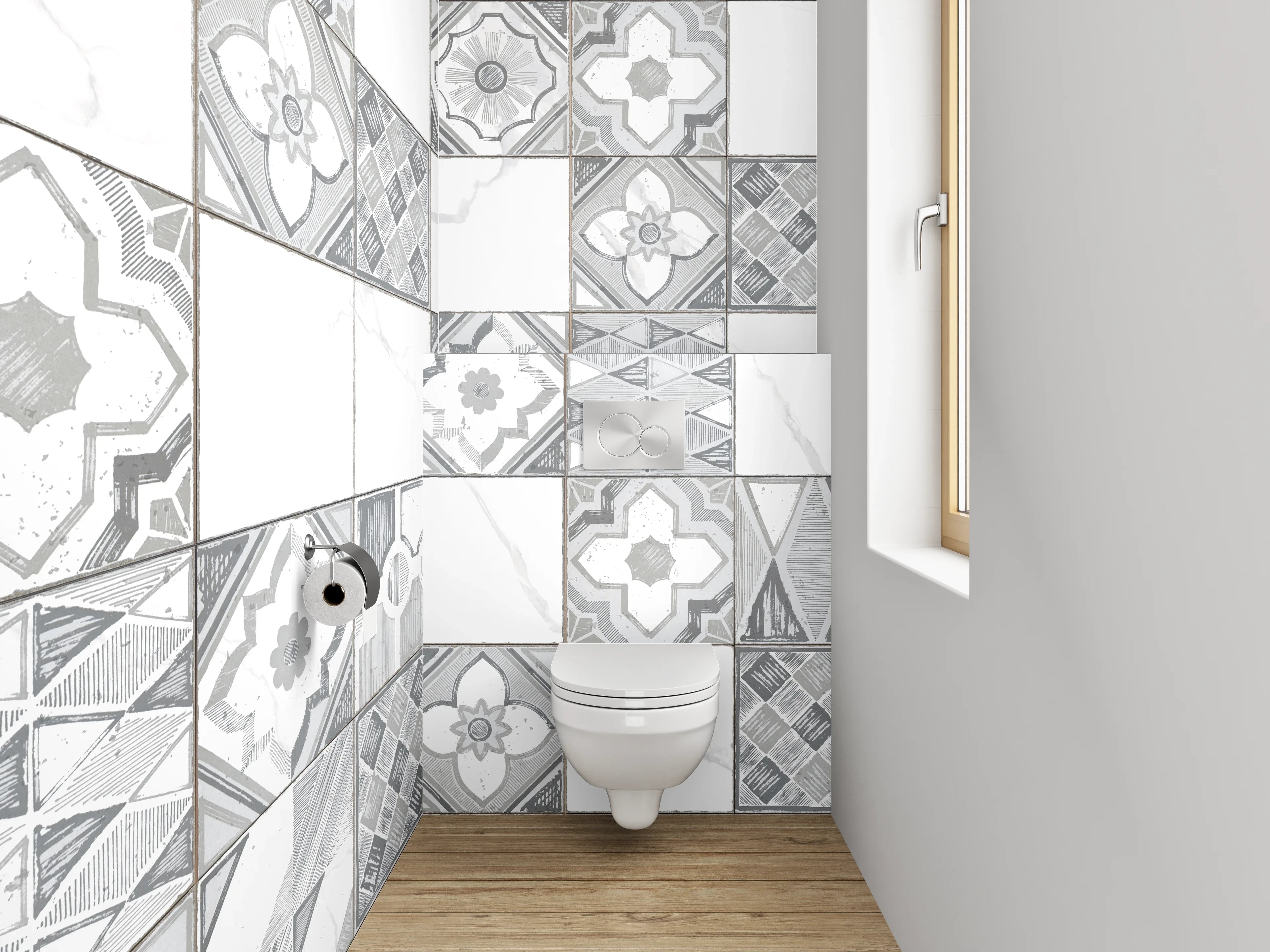 WC-Rückwand - Weiße Retro-Fliesen mit Muster Grau
