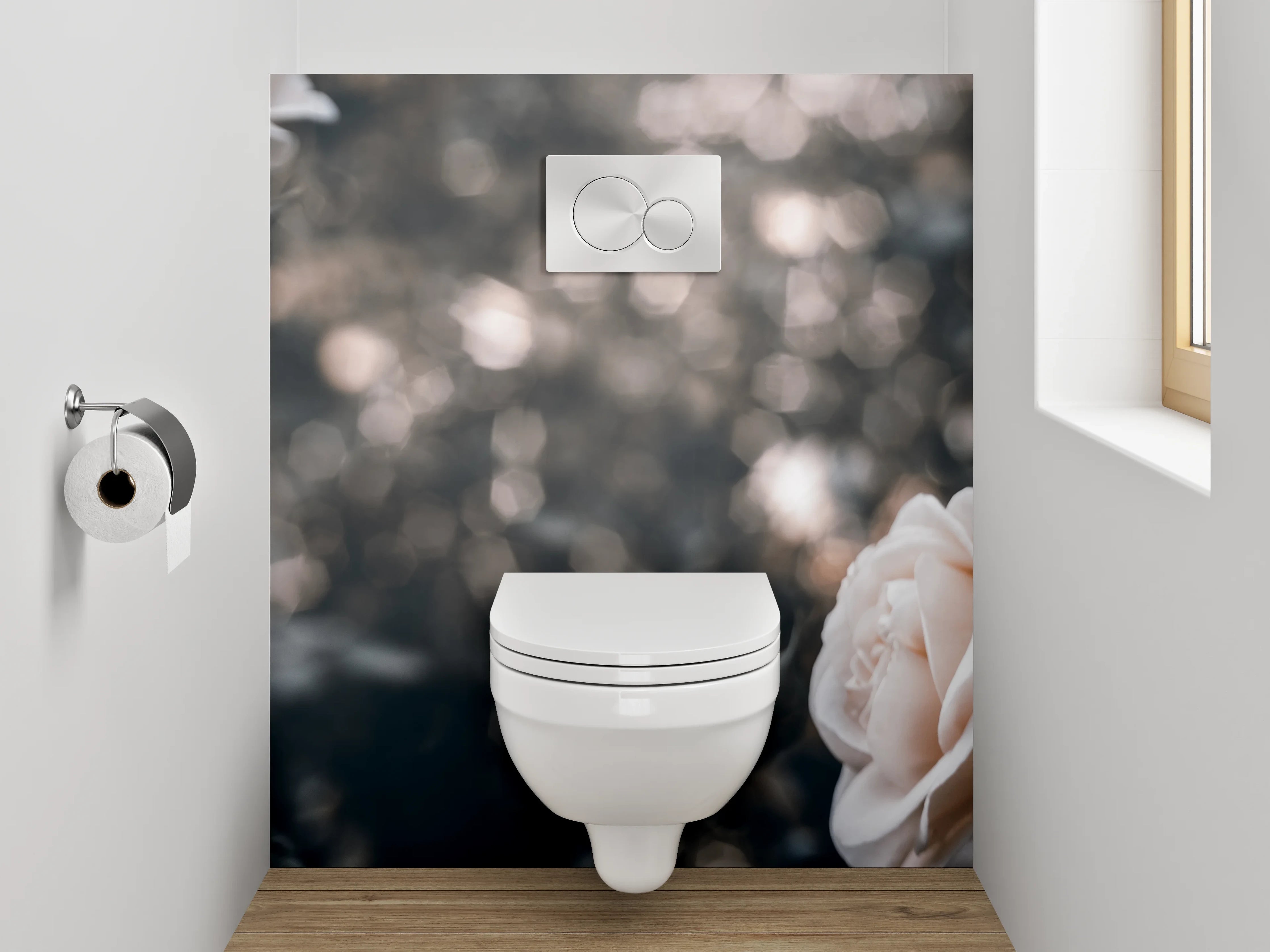 WC-Rückwand - Weiße Rosen im dunklen Hintergrund