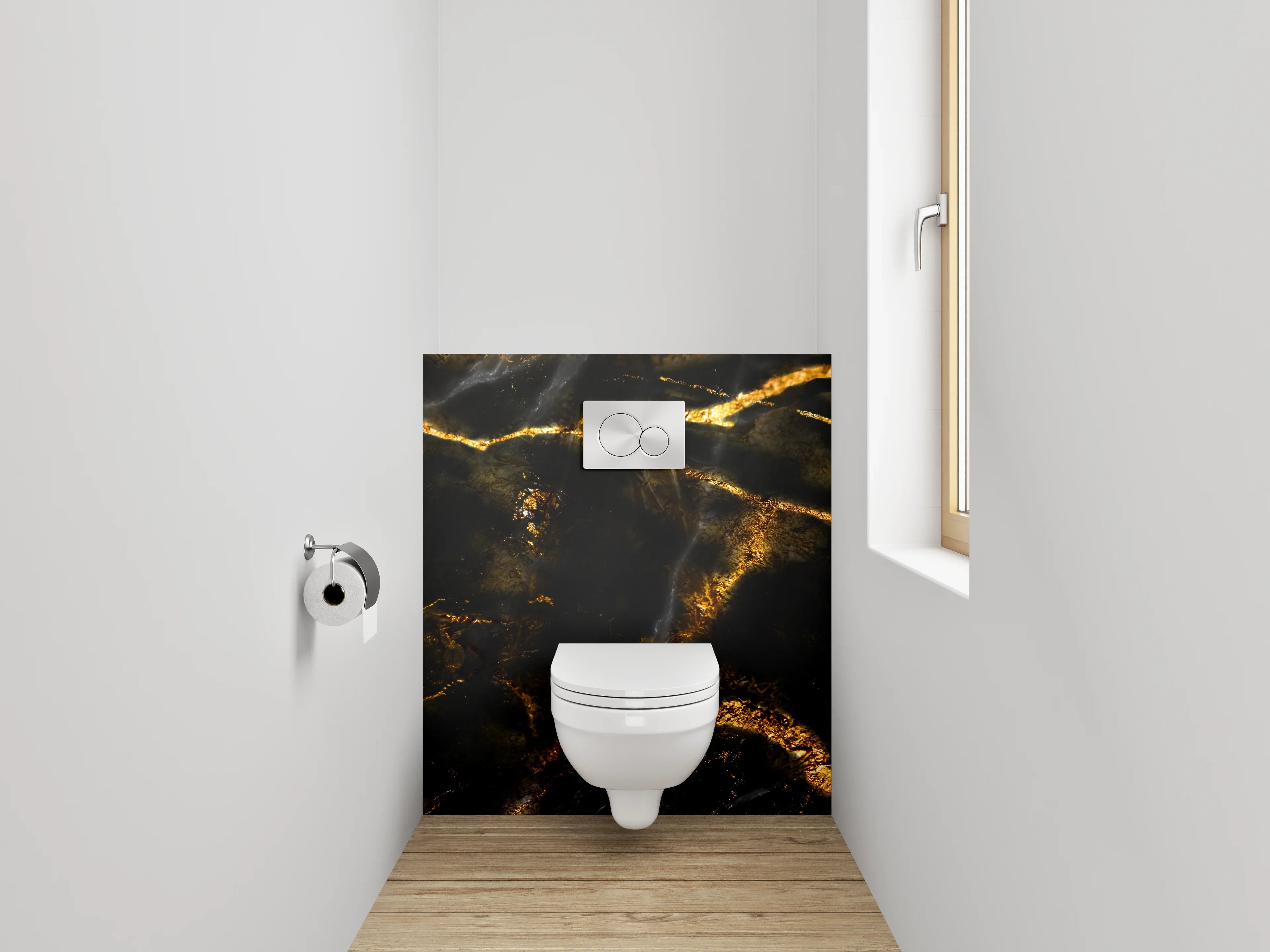 WC-Rückwand - Weiße Silhouetten auf grauschwarzem Gold