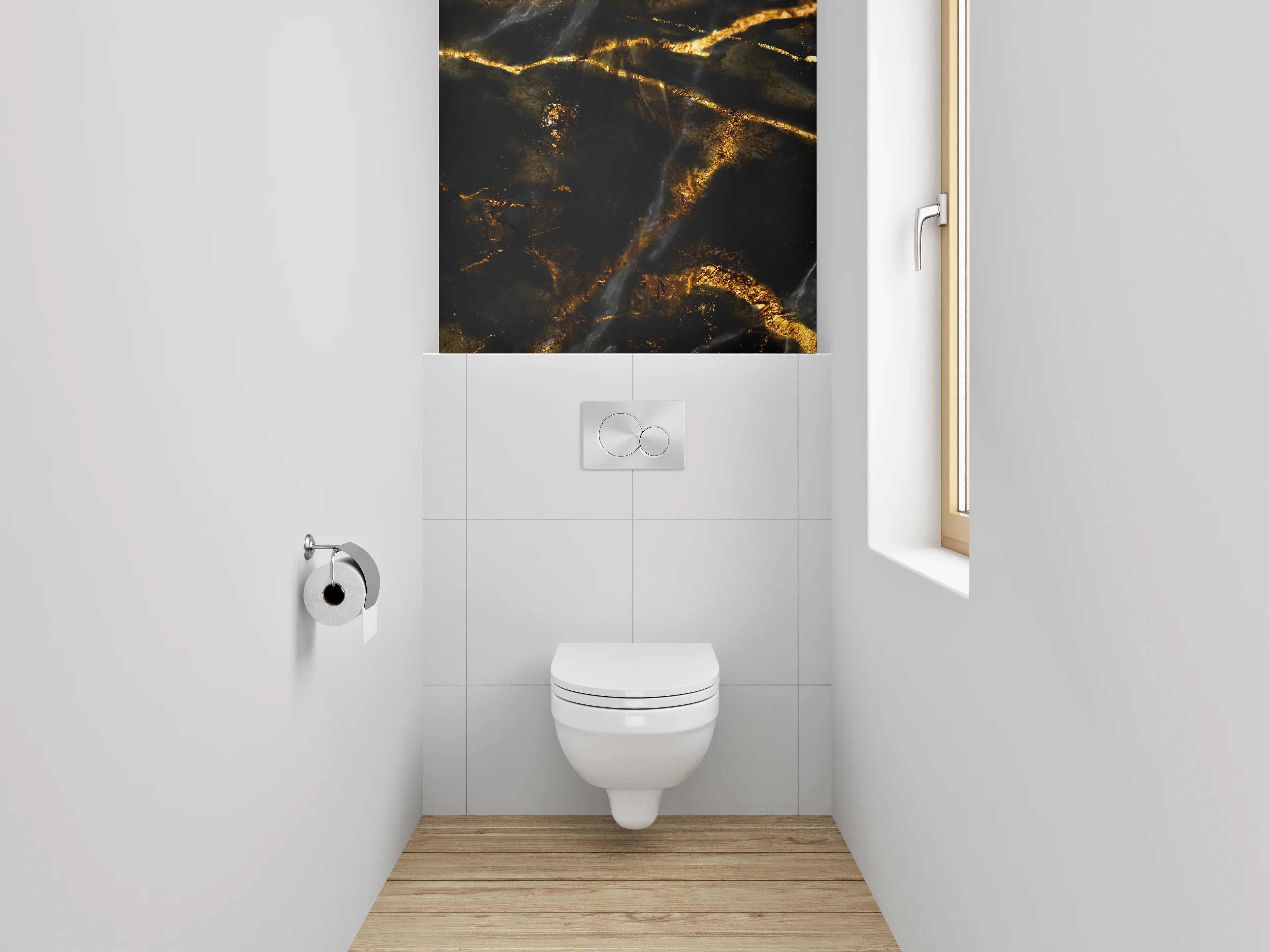 WC-Rückwand - Weiße Silhouetten auf grauschwarzem Gold