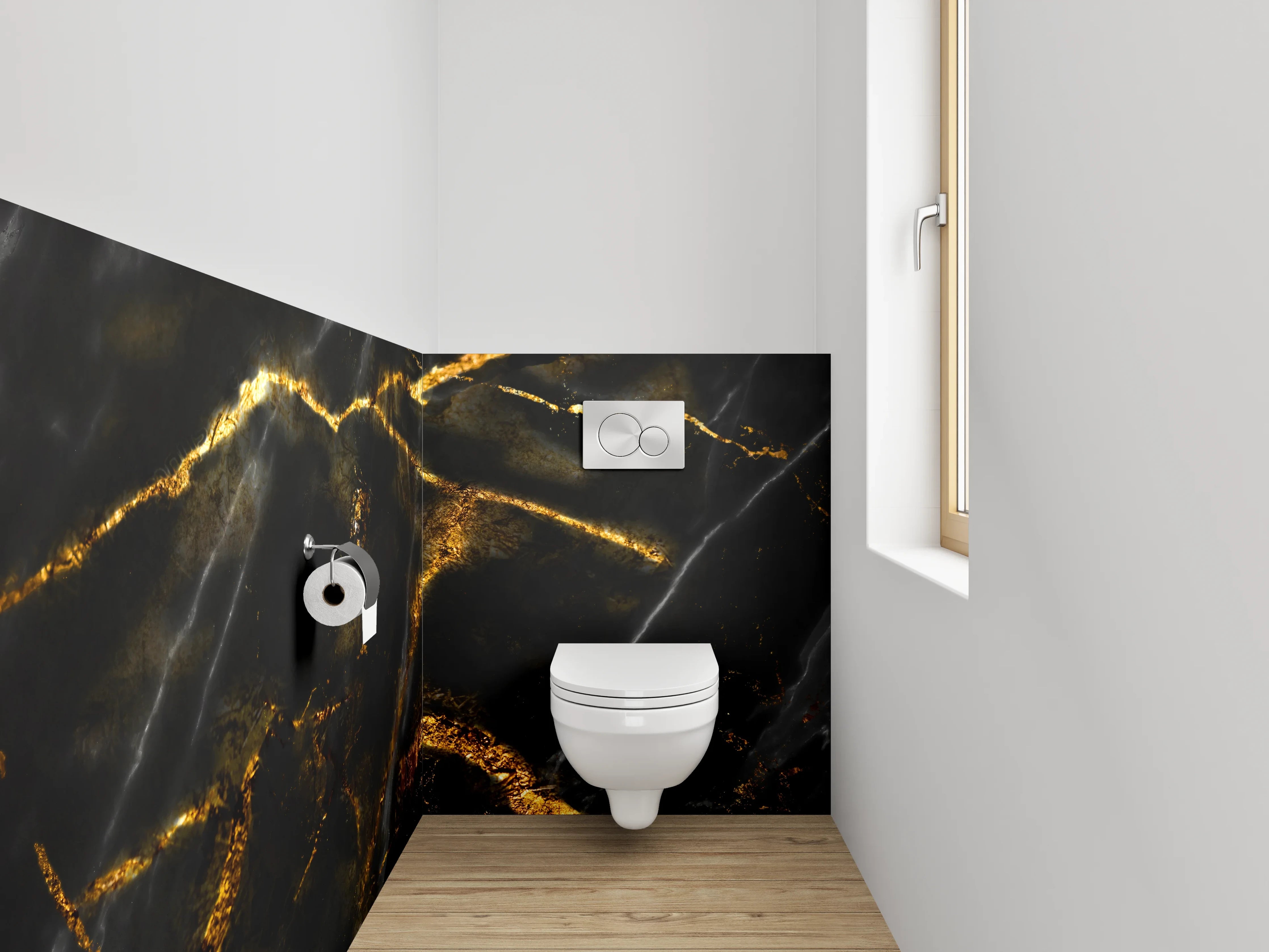 WC-Rückwand - Weiße Silhouetten auf grauschwarzem Gold