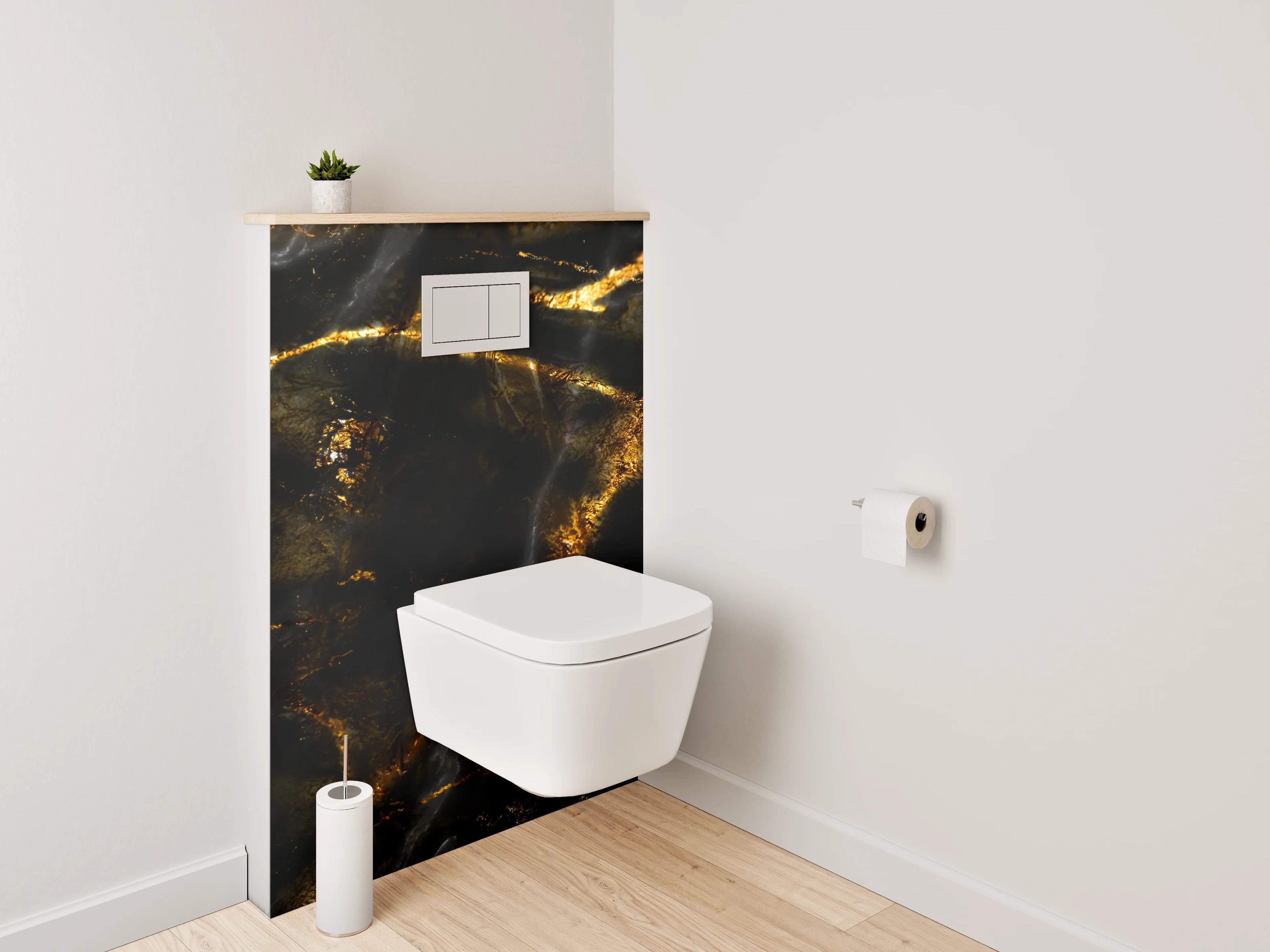 WC-Rückwand - Weiße Silhouetten auf grauschwarzem Gold