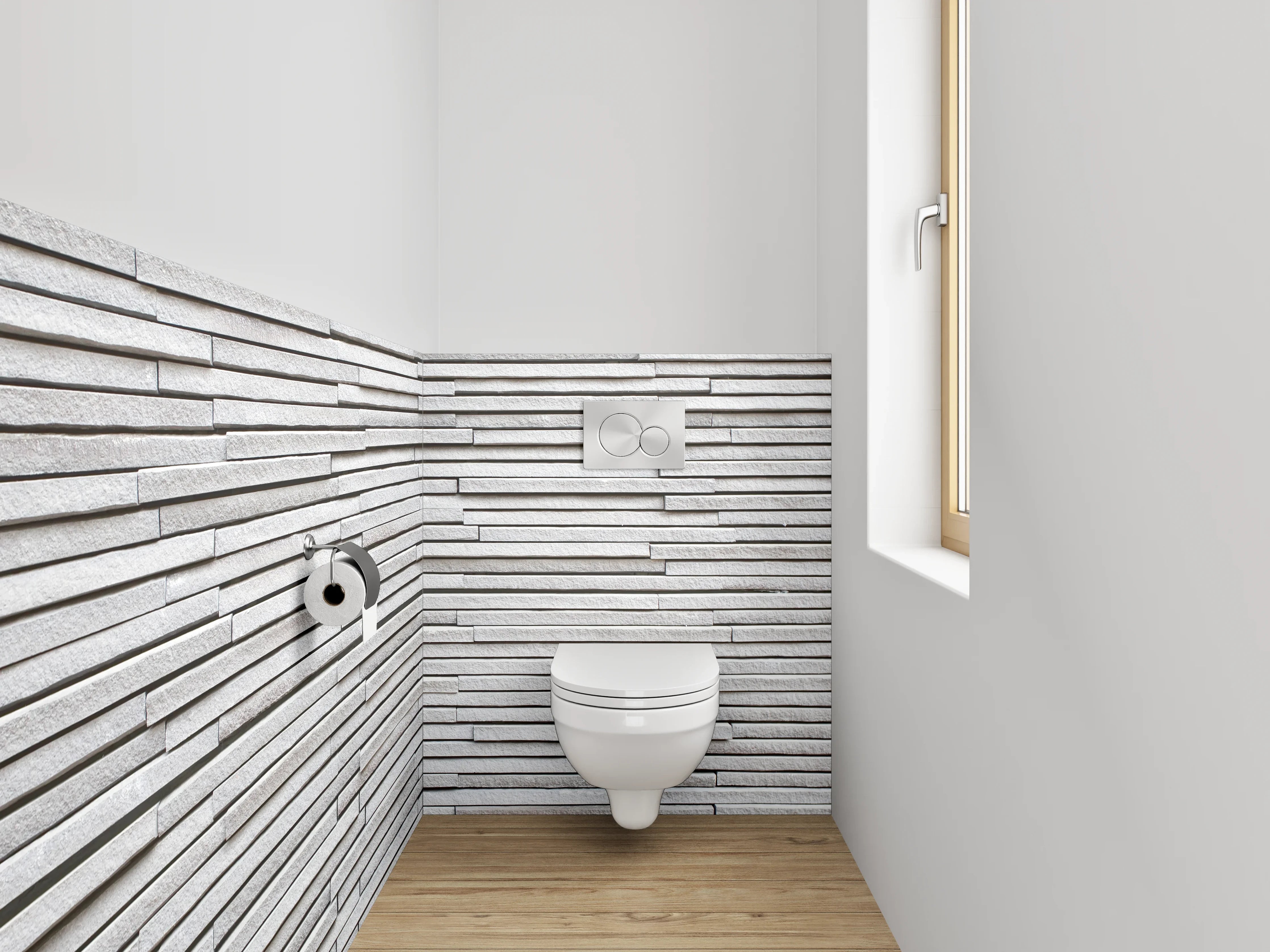 WC-Rückwand - Weiße Steinwand mit grauen Akzenten