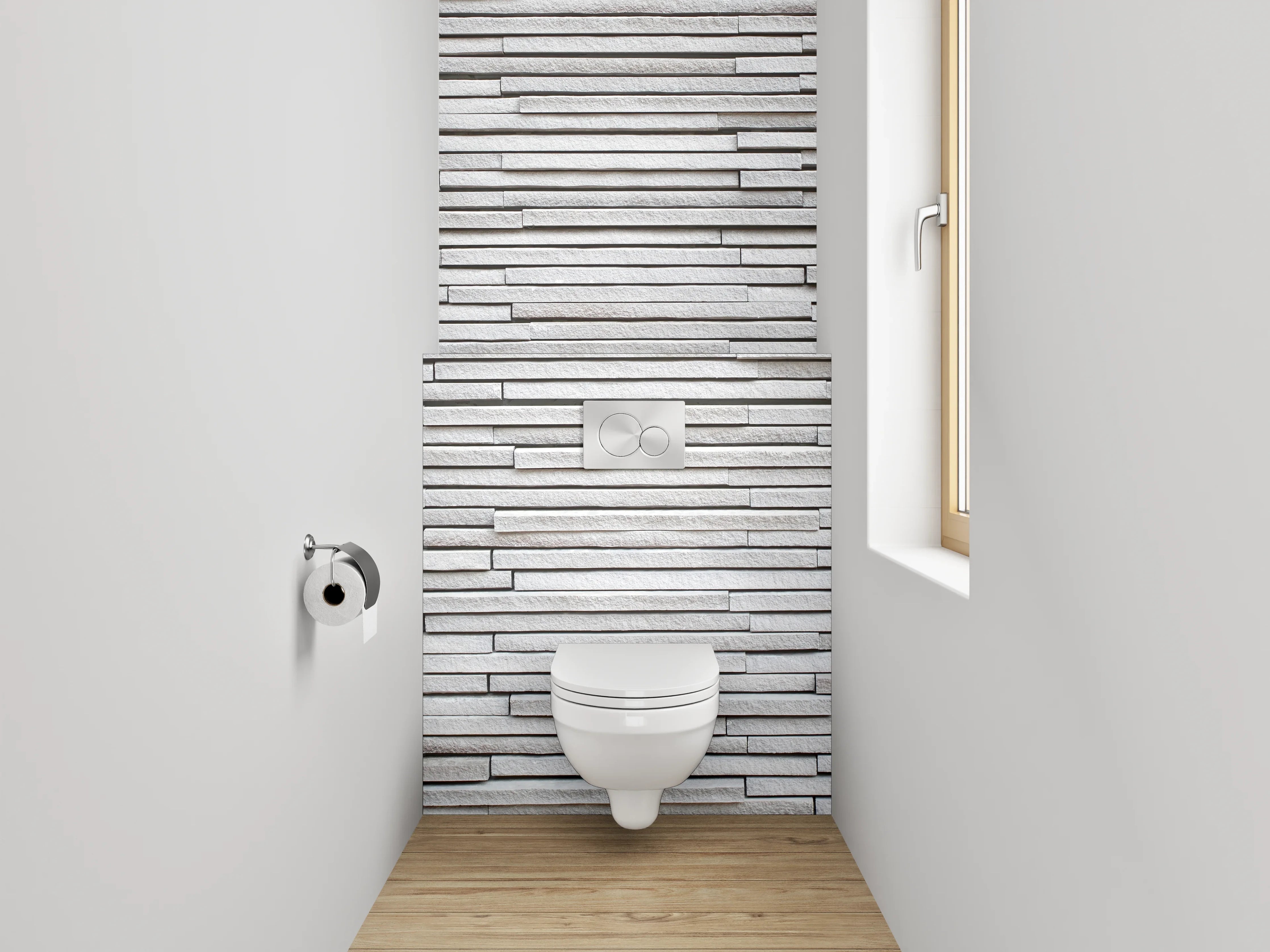 WC-Rückwand - Weiße Steinwand mit grauen Akzenten