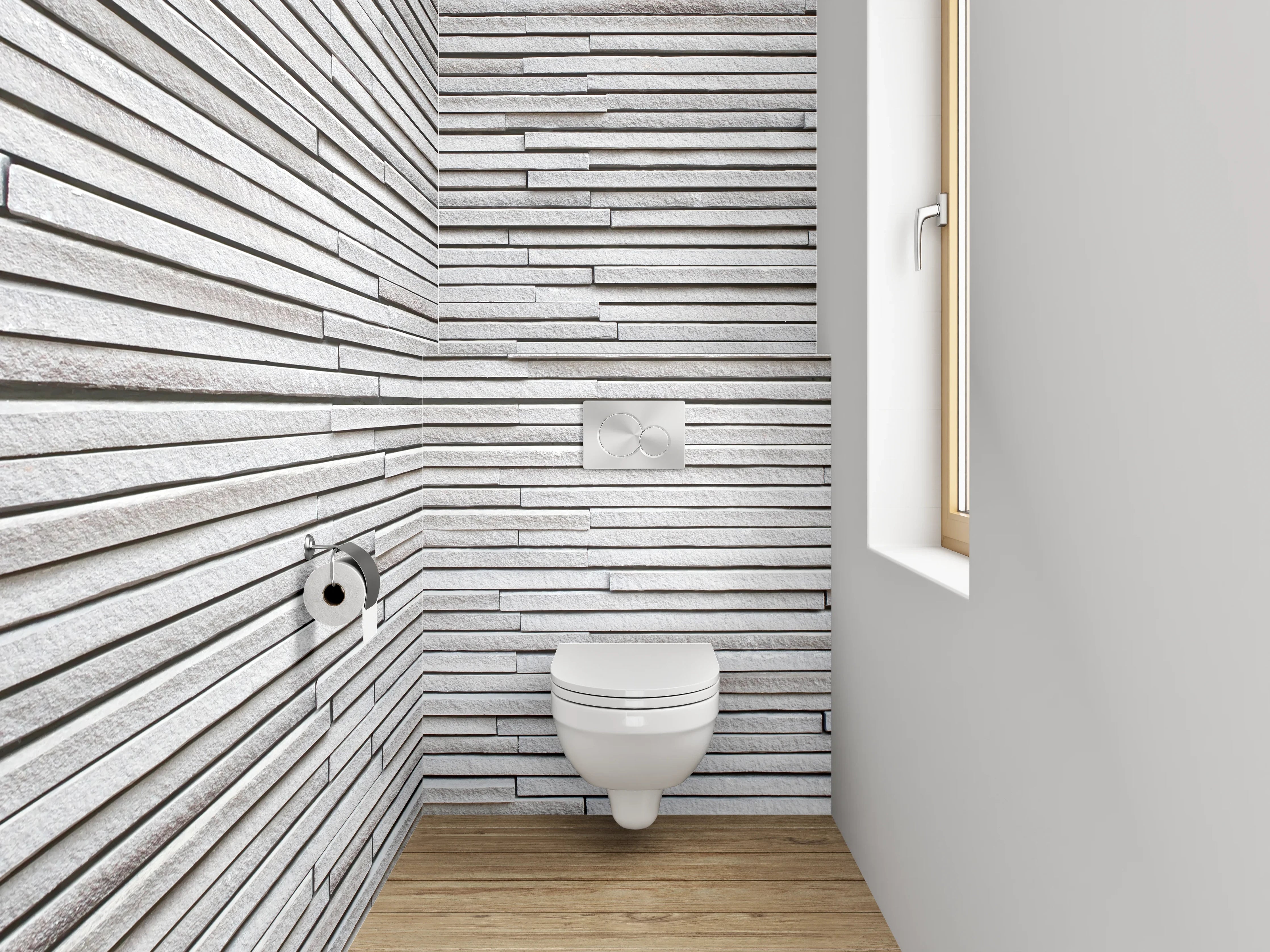 WC-Rückwand - Weiße Steinwand mit grauen Akzenten