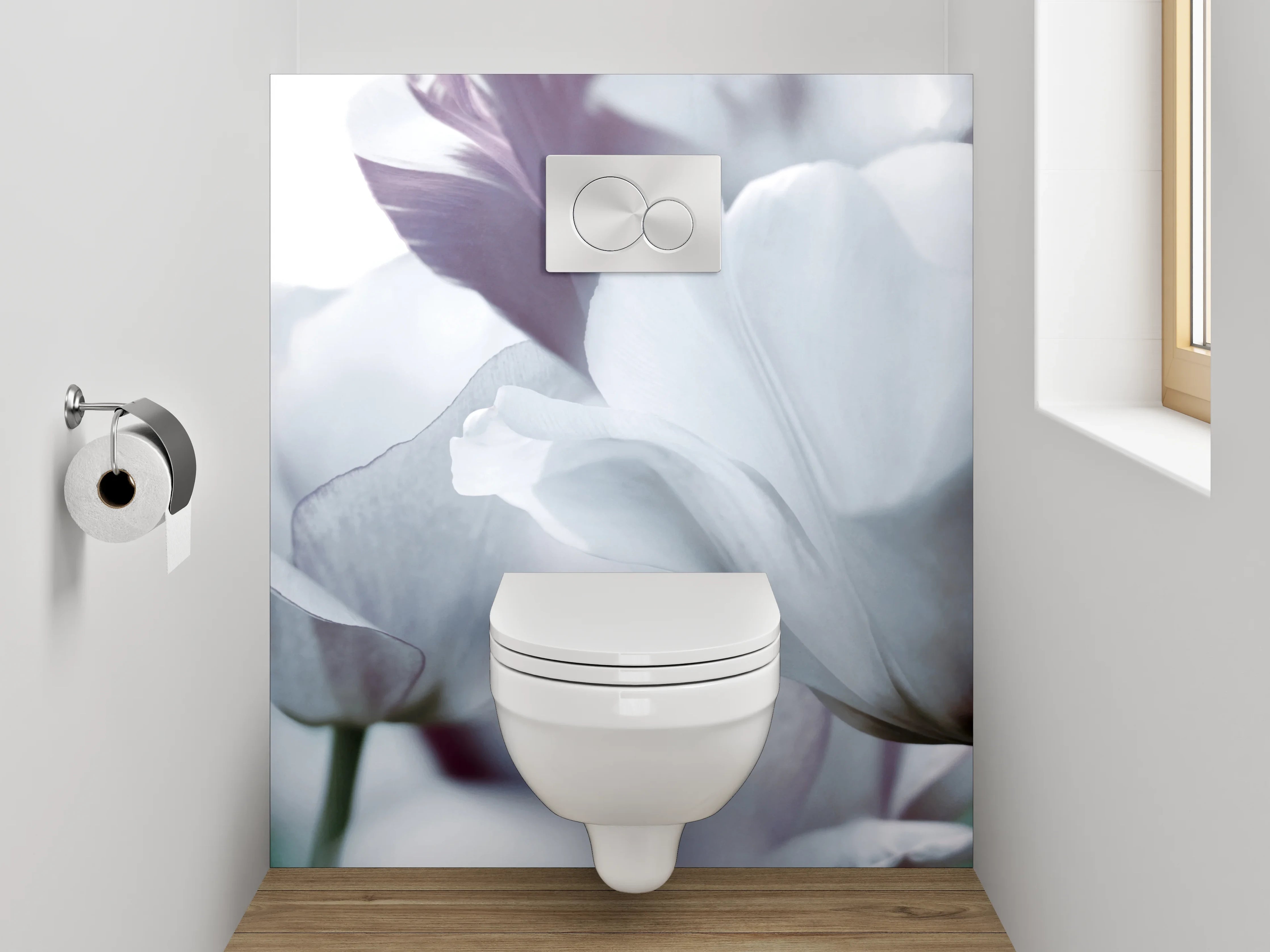 WC-Rückwand - Weiße Tulpenblüte – Zarte Eleganz
