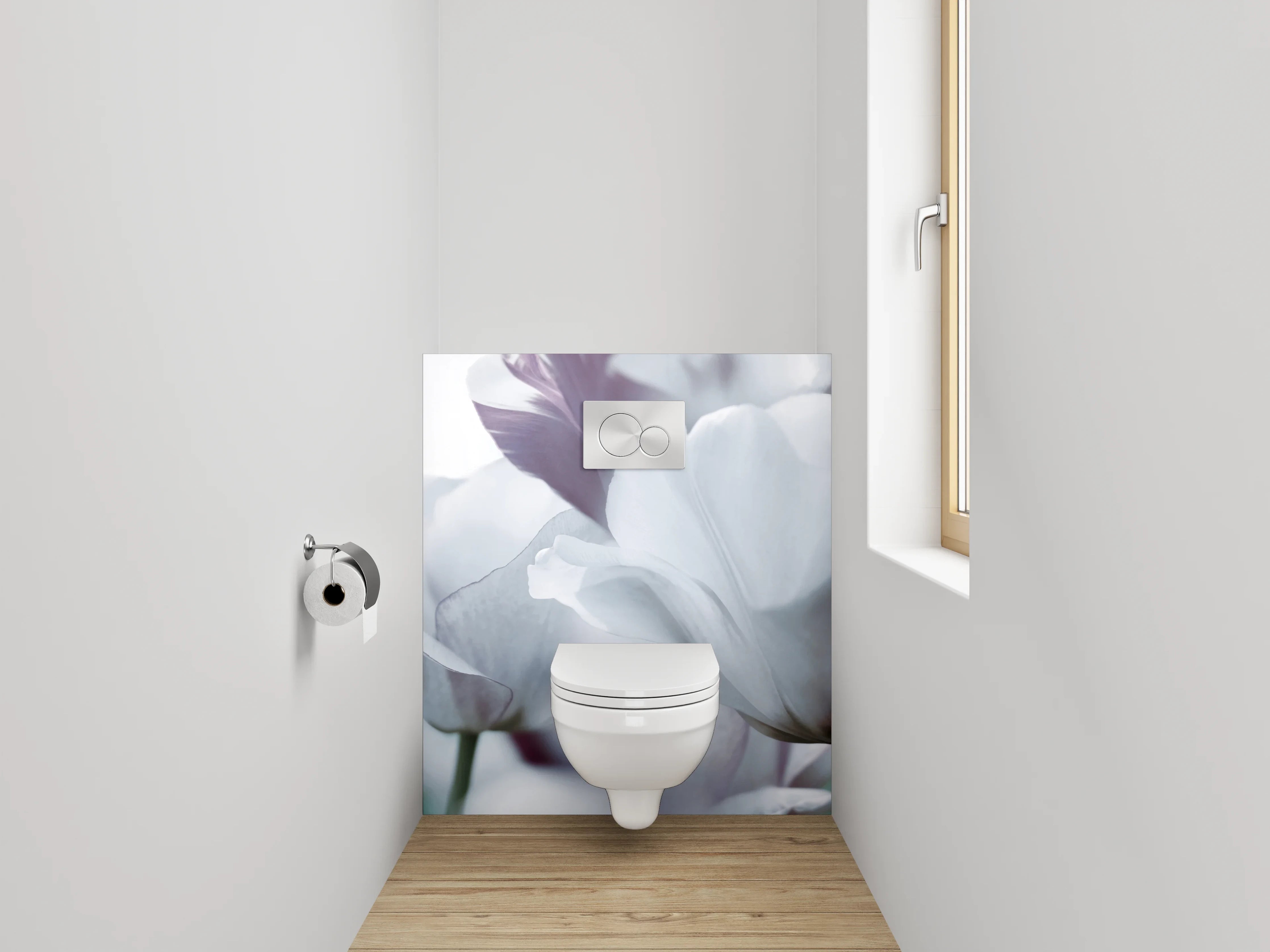 WC-Rückwand - Weiße Tulpenblüte – Zarte Eleganz