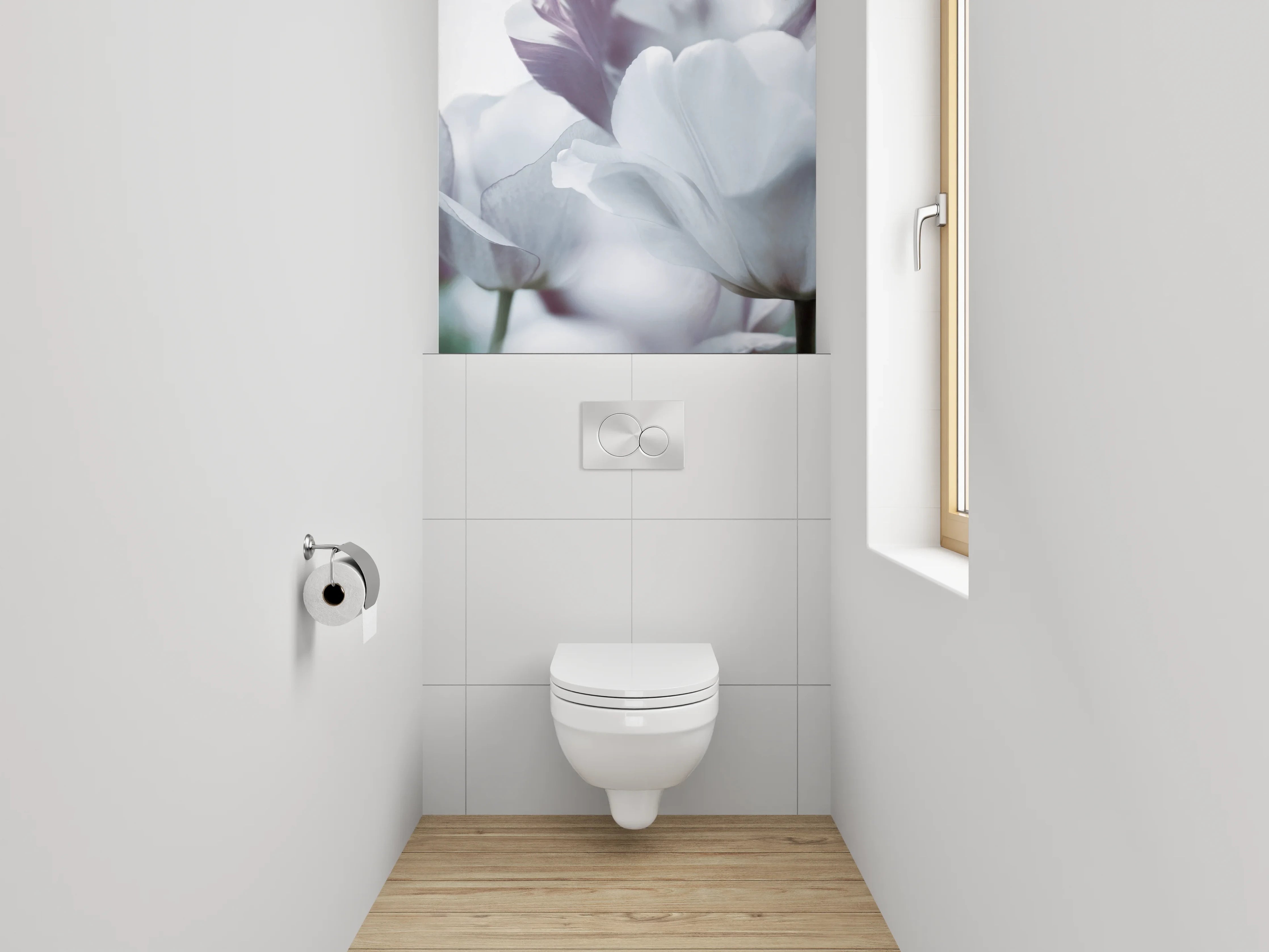 WC-Rückwand - Weiße Tulpenblüte – Zarte Eleganz