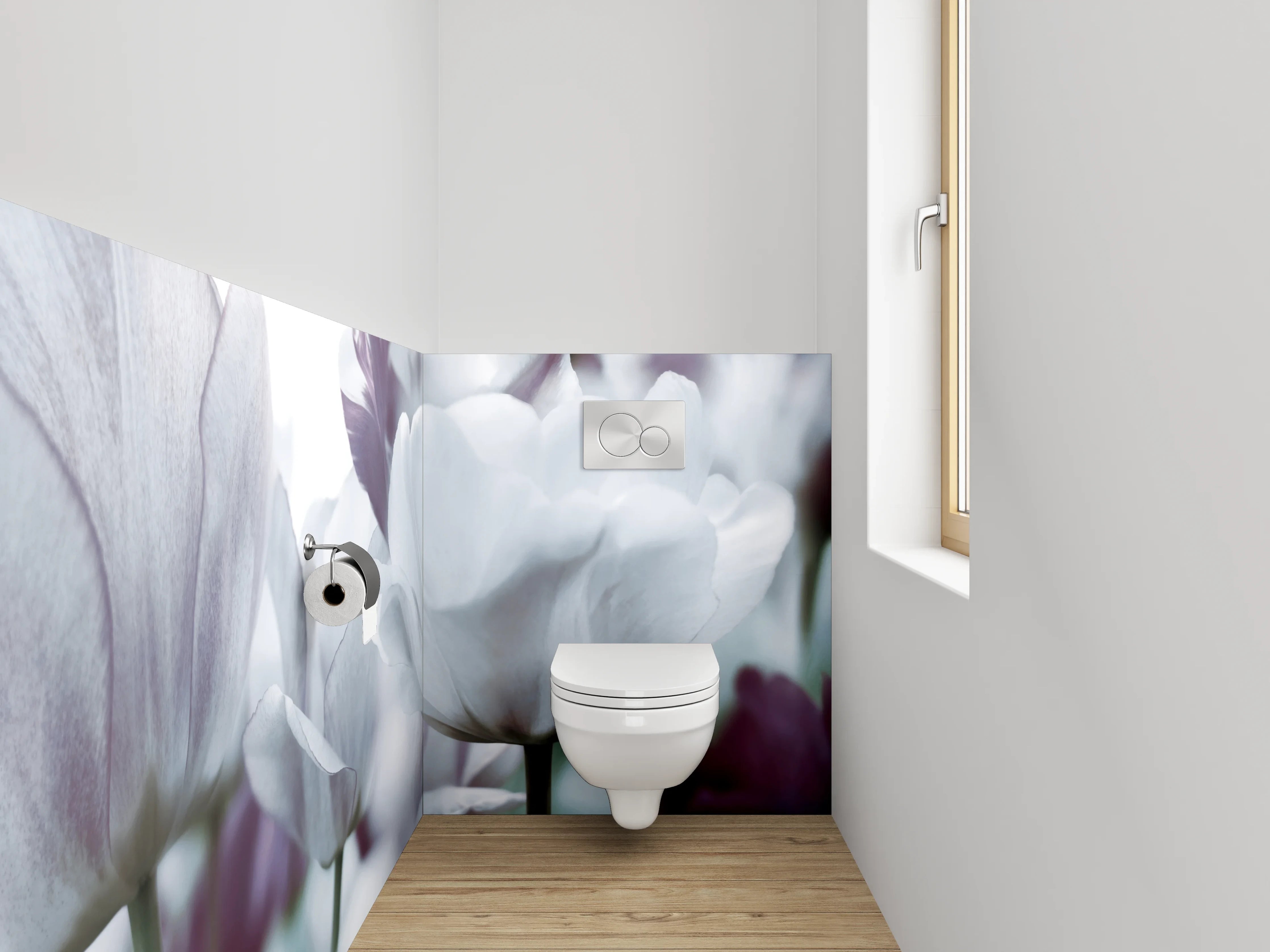 WC-Rückwand - Weiße Tulpenblüte – Zarte Eleganz