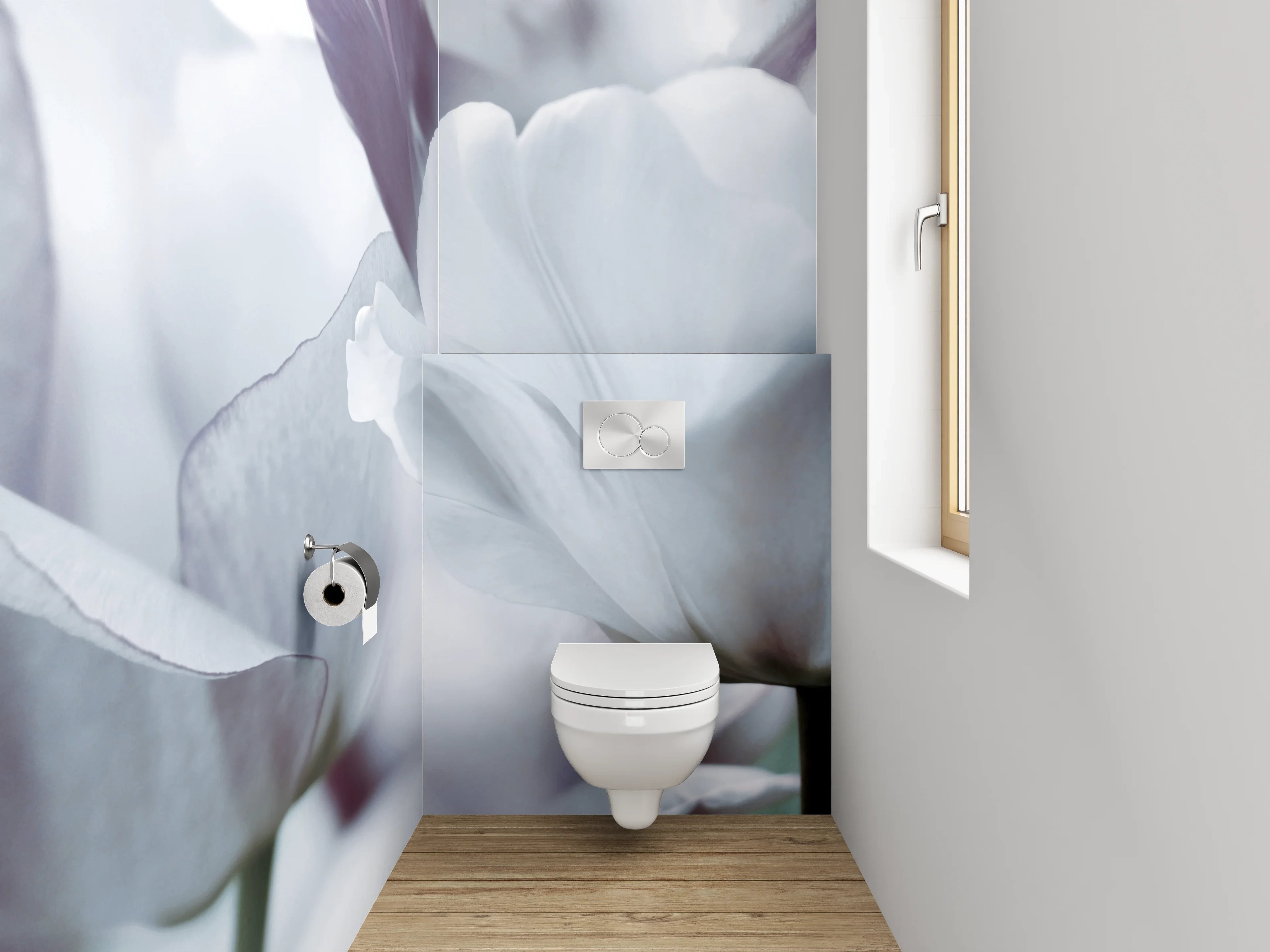 WC-Rückwand - Weiße Tulpenblüte – Zarte Eleganz