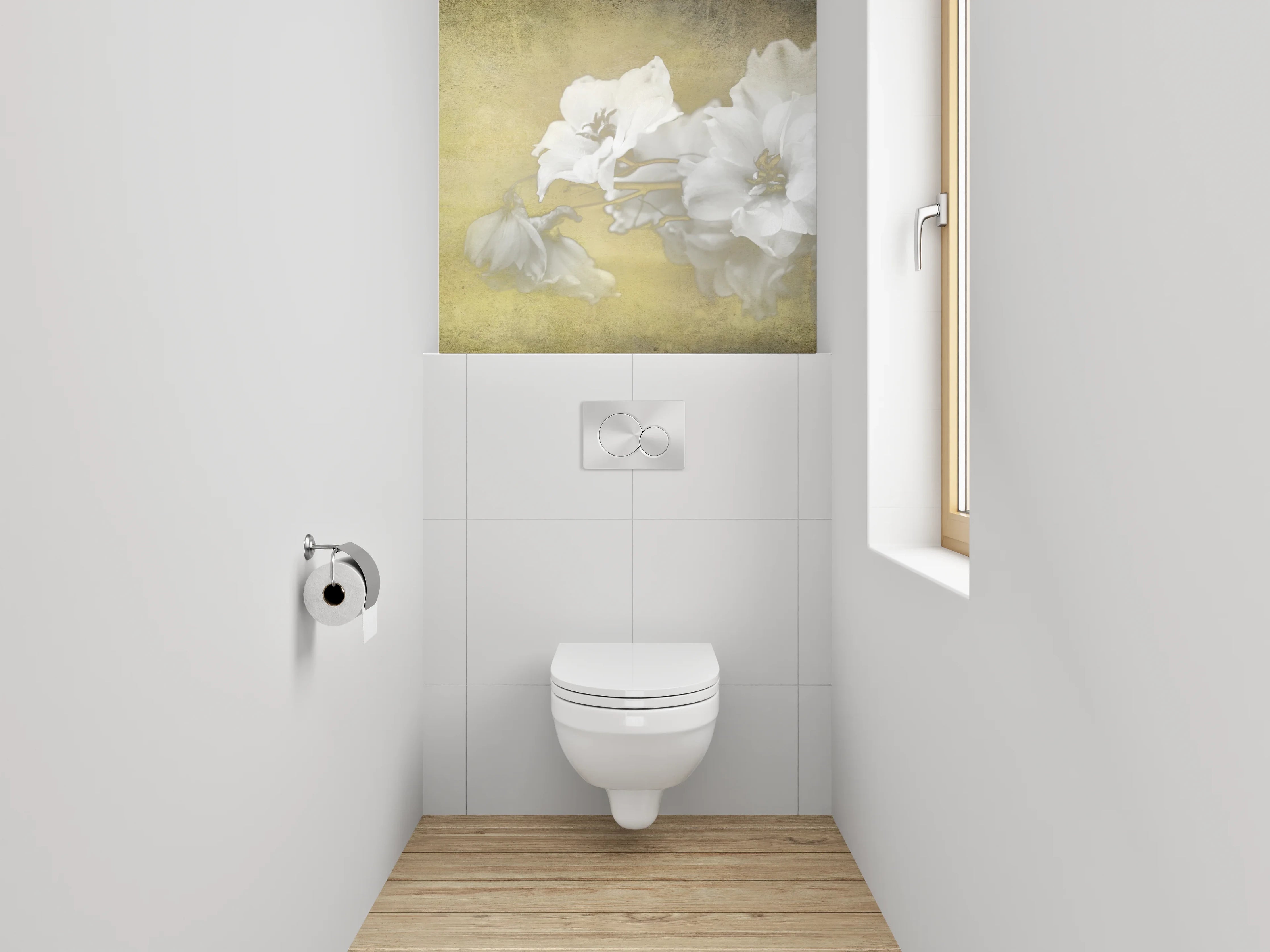 WC-Rückwand - Weiße Vintage-Blume auf sanftem Gelb