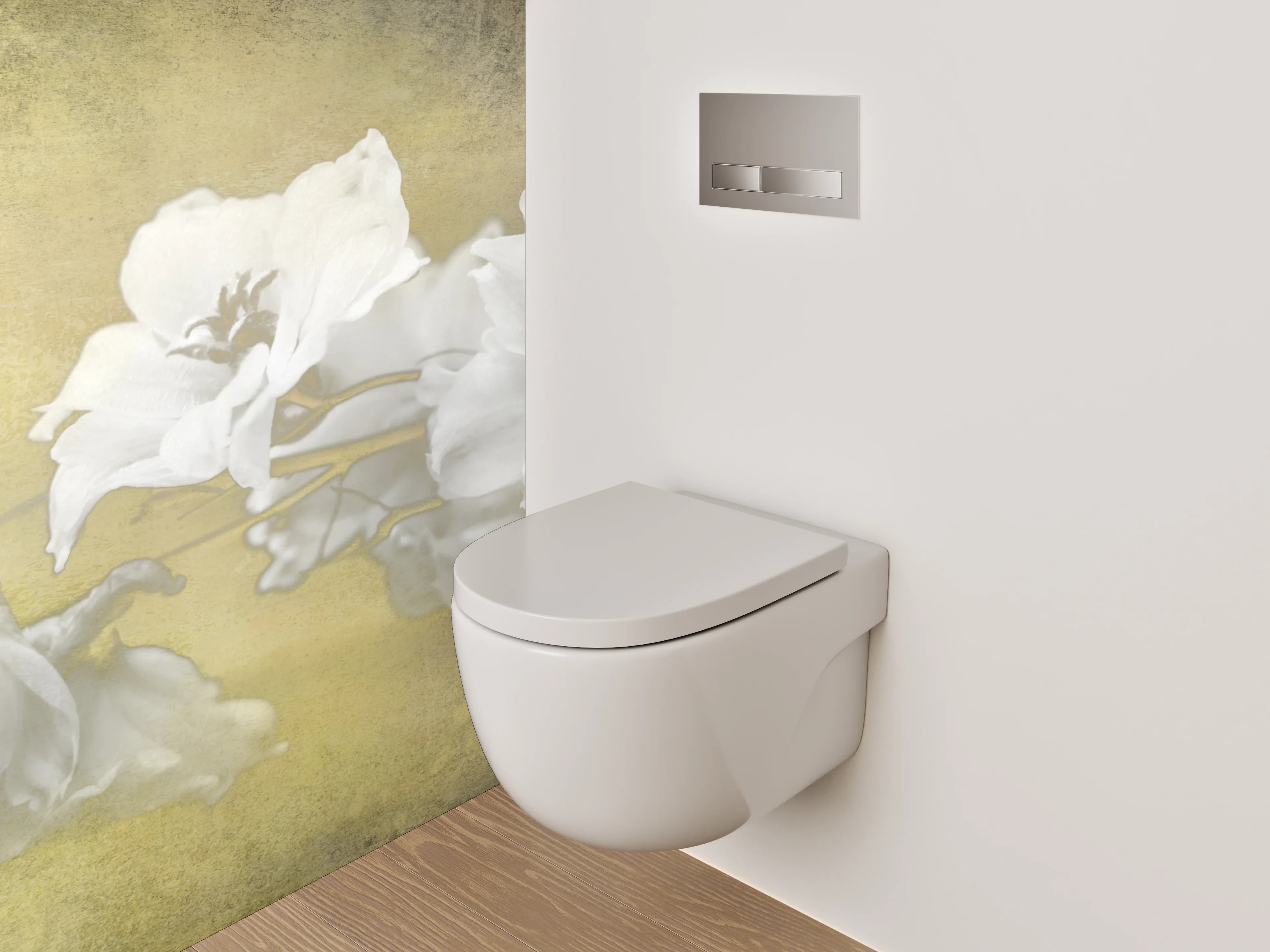 WC-Rückwand - Weiße Vintage-Blume auf sanftem Gelb