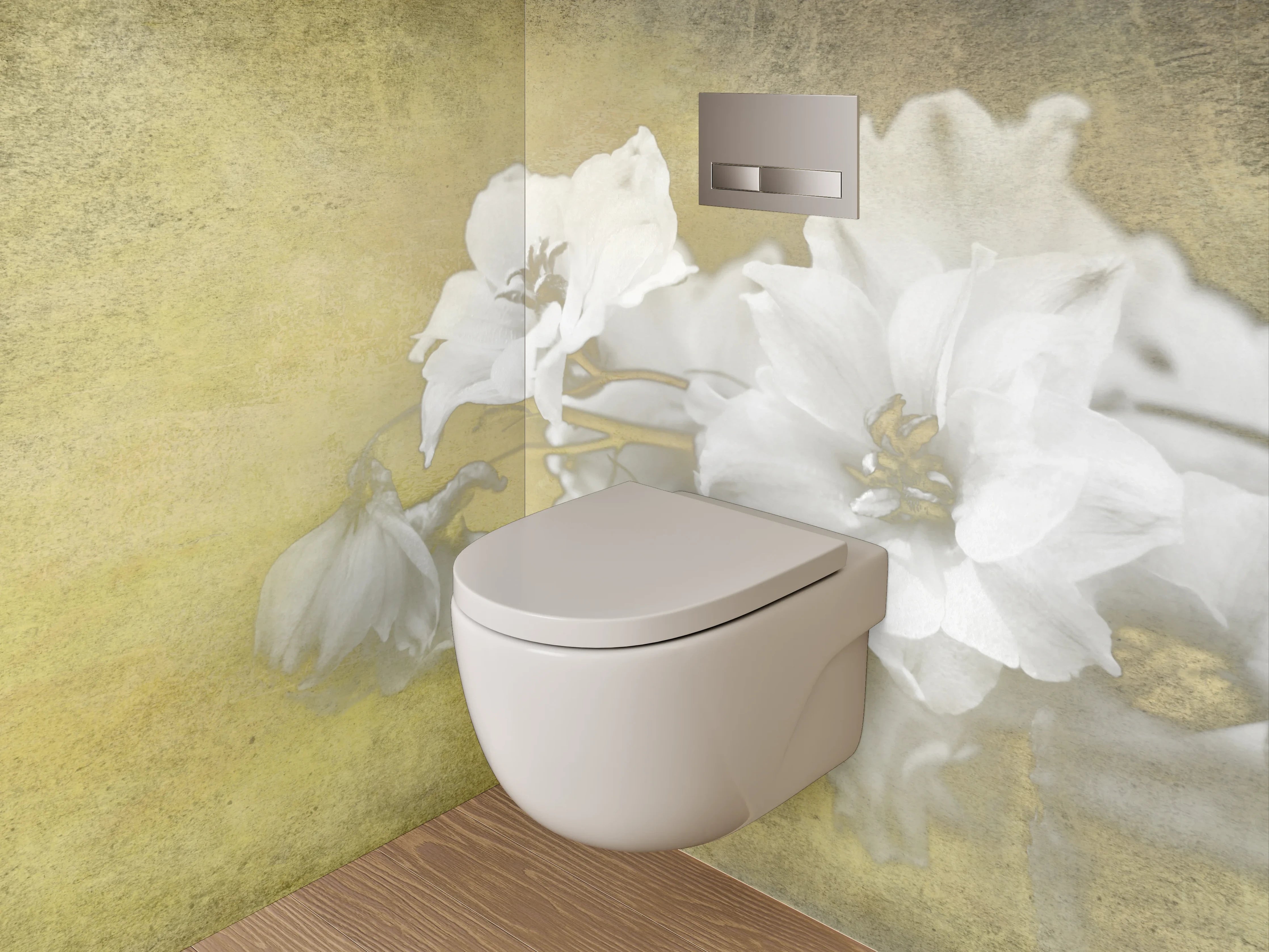 WC-Rückwand - Weiße Vintage-Blume auf sanftem Gelb