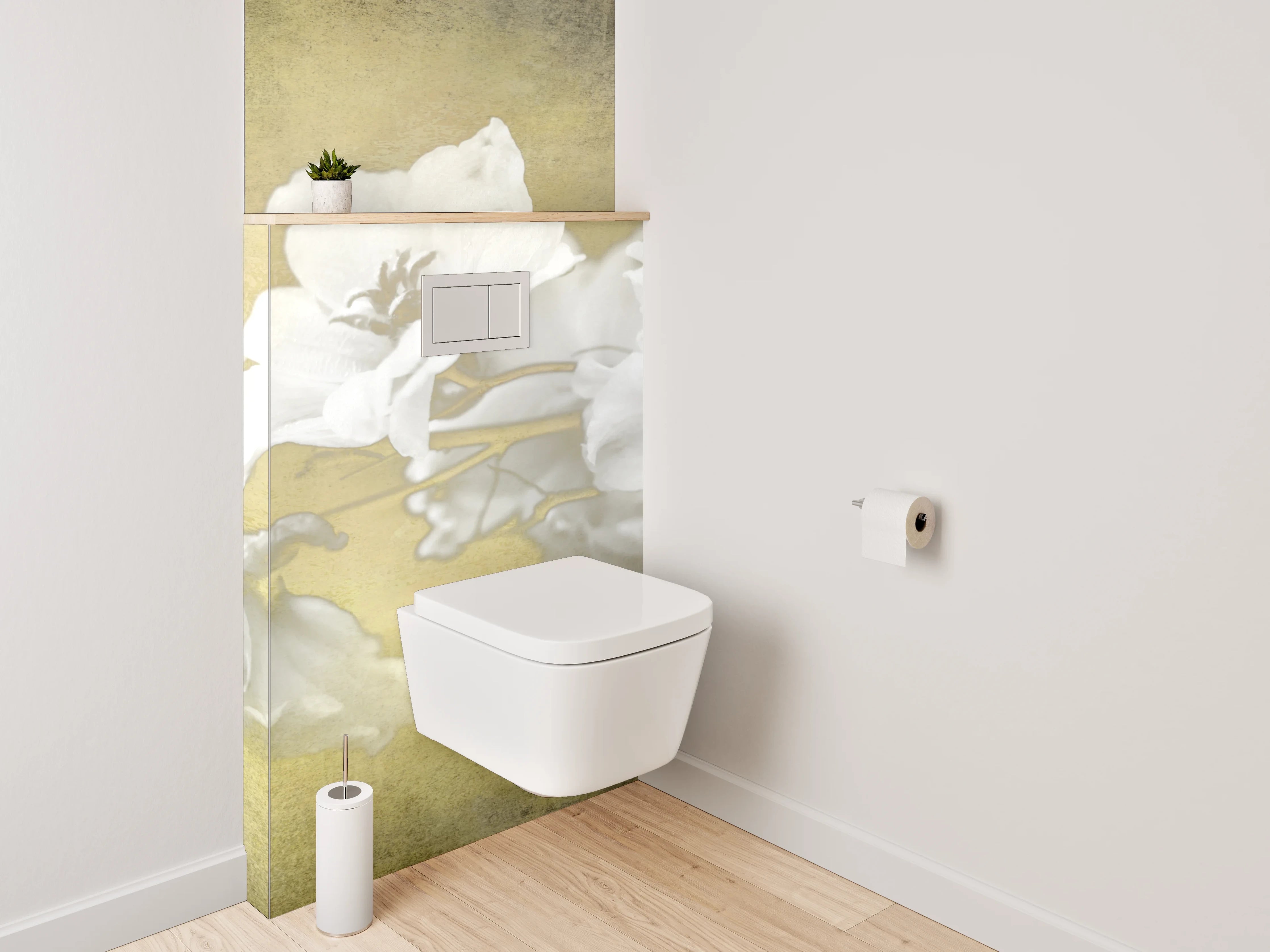 WC-Rückwand - Weiße Vintage-Blume auf sanftem Gelb