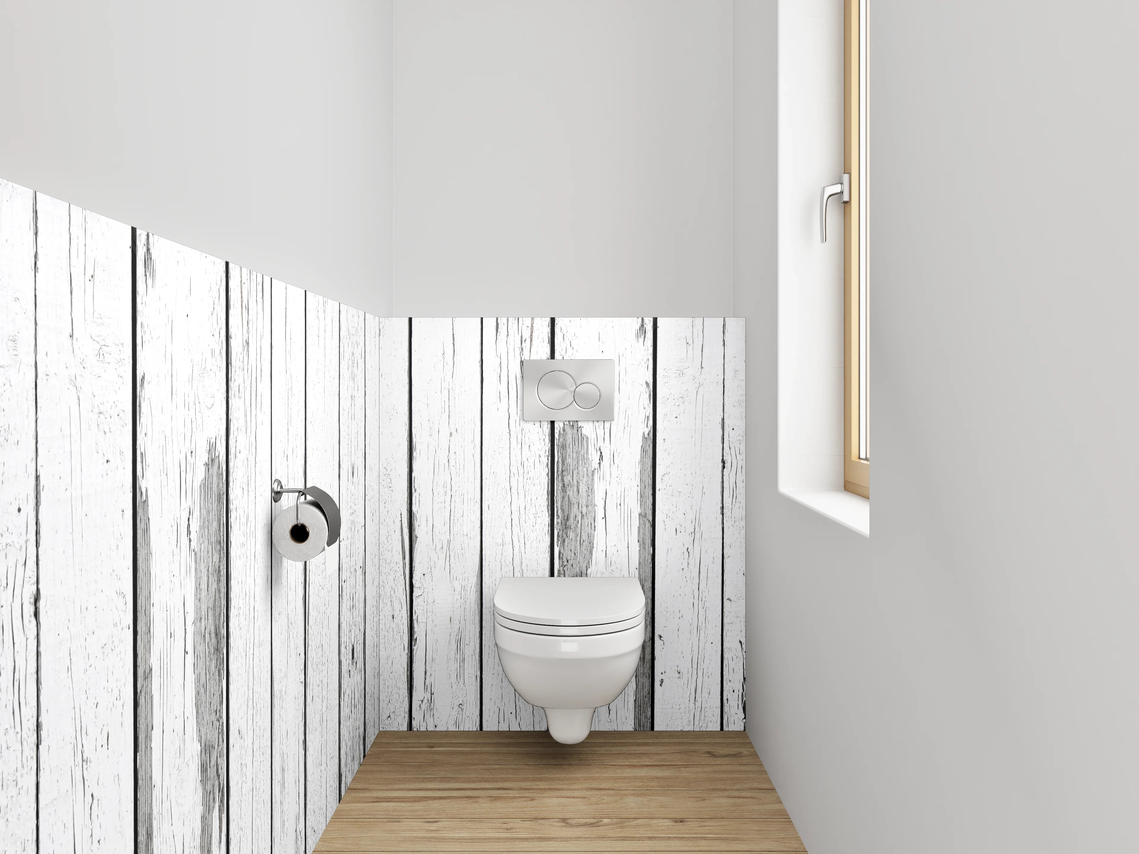 WC-Rückwand - Weiße Vintage-Holzplanken Wanddekor