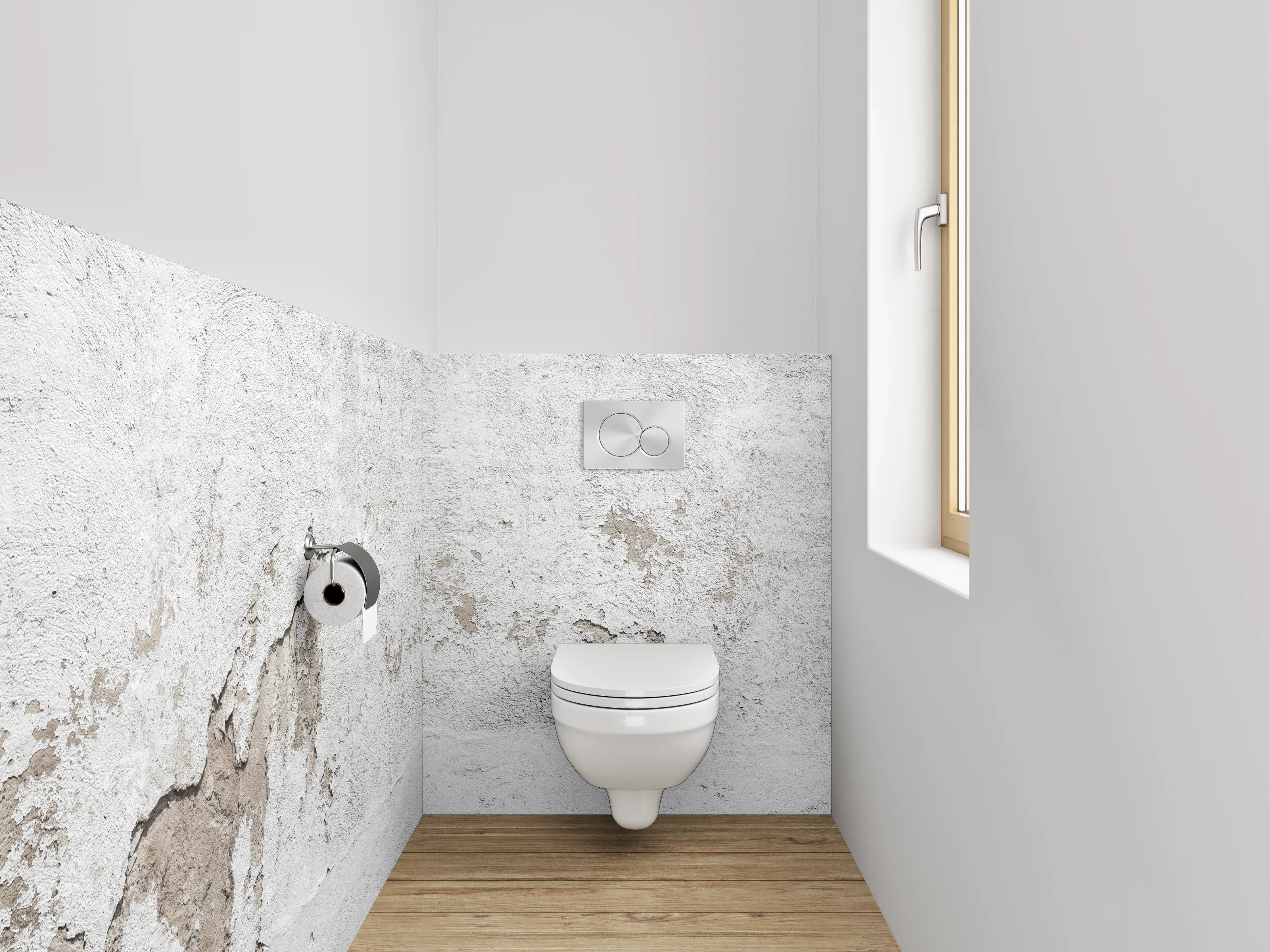 WC-Rückwand - Weiße Wand mit Patina und Struktur