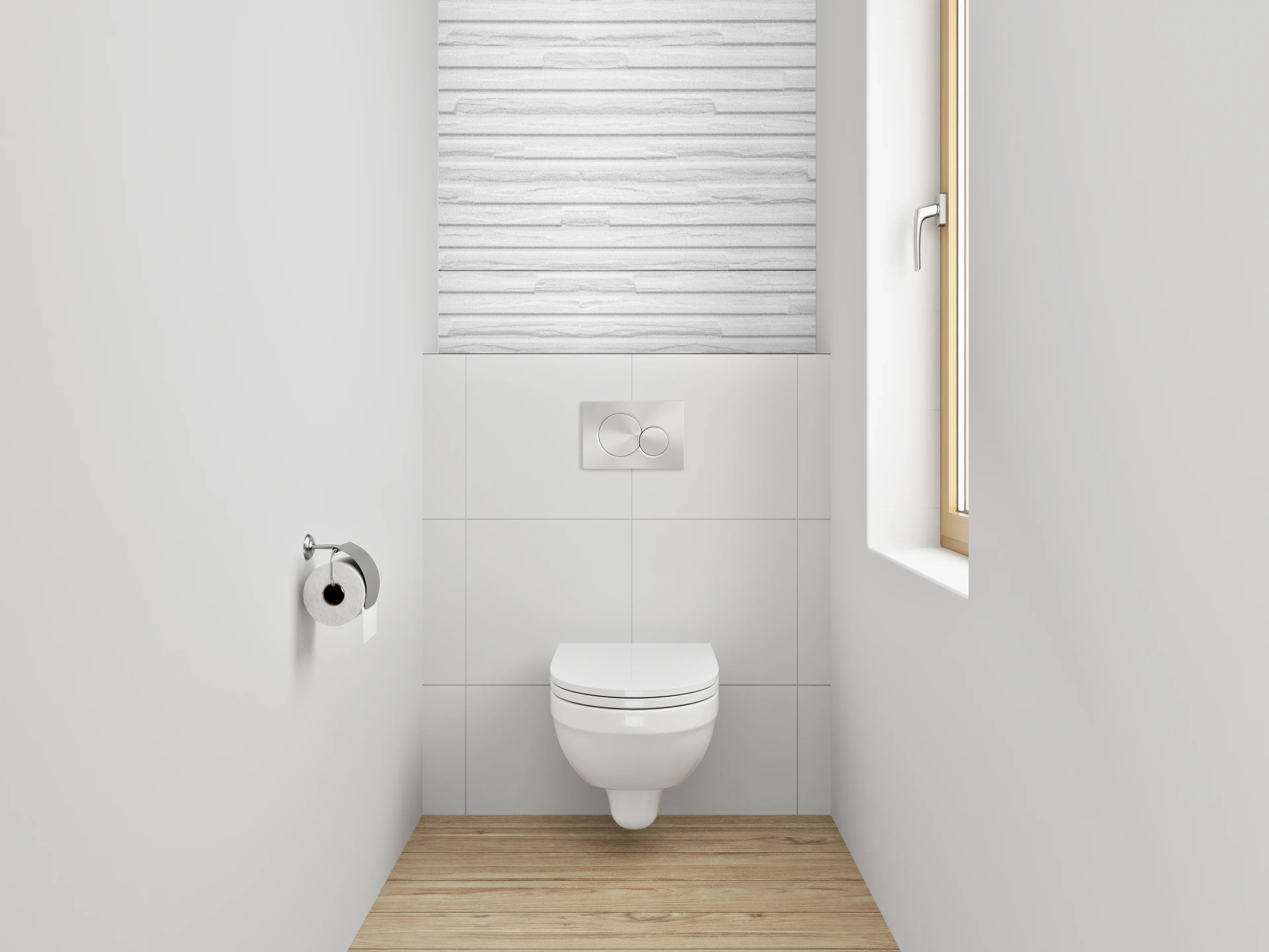 WC-Rückwand - Weiße Wandverkleidung mit dezentem Steindekor
