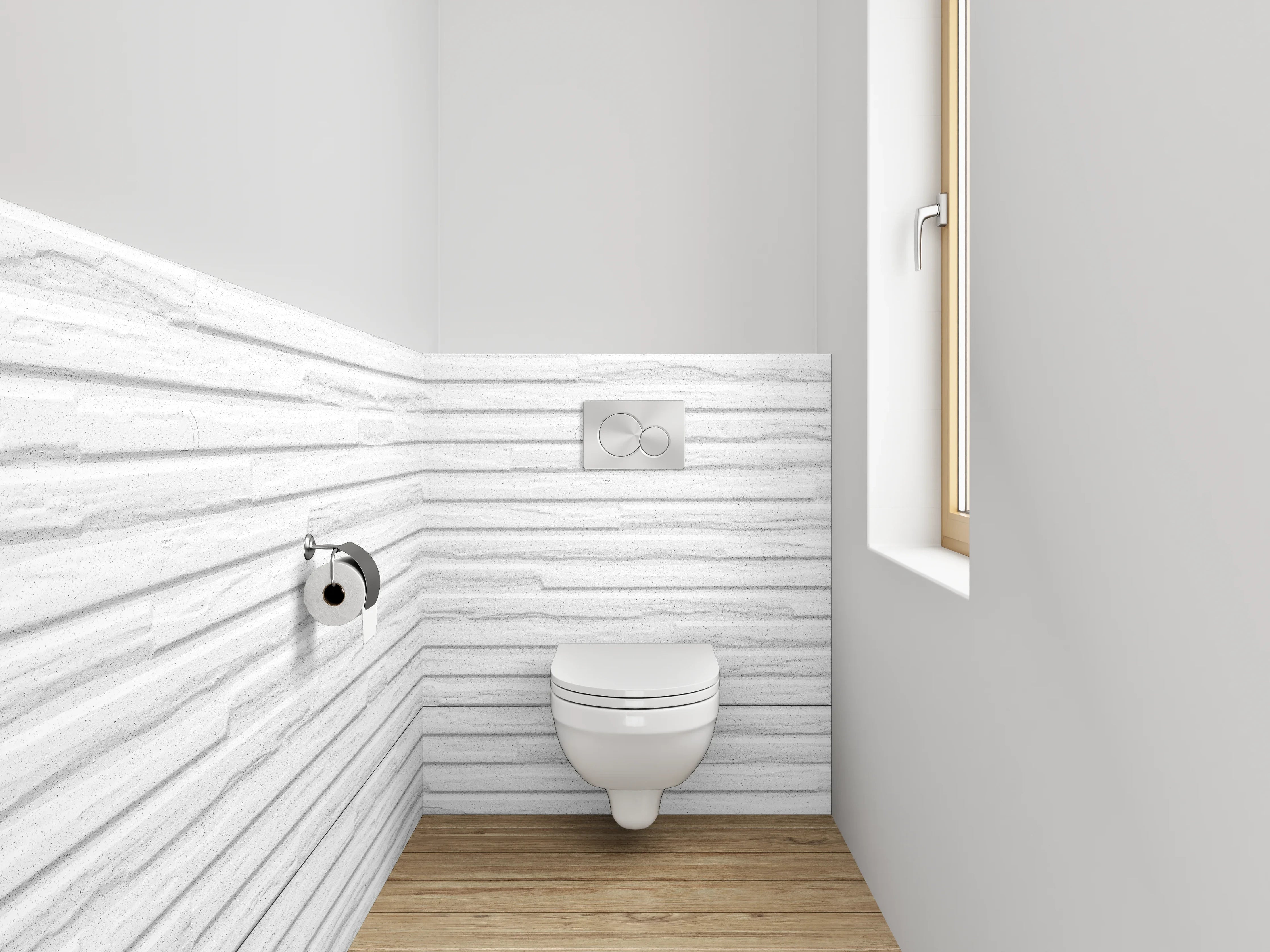 WC-Rückwand - Weiße Wandverkleidung mit dezentem Steindekor