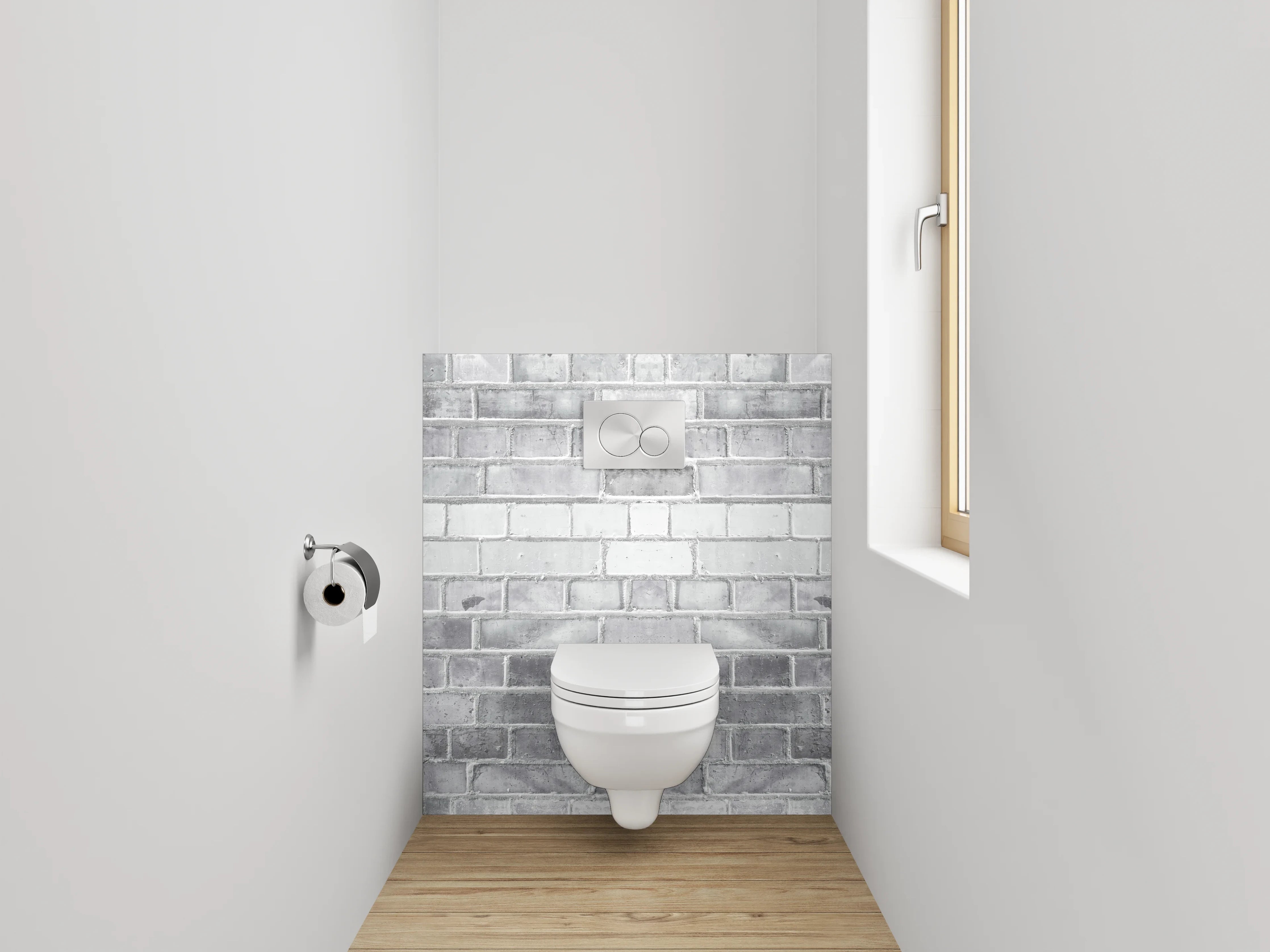 WC-Rückwand - Weiße Ziegelwand in Beton-Optik