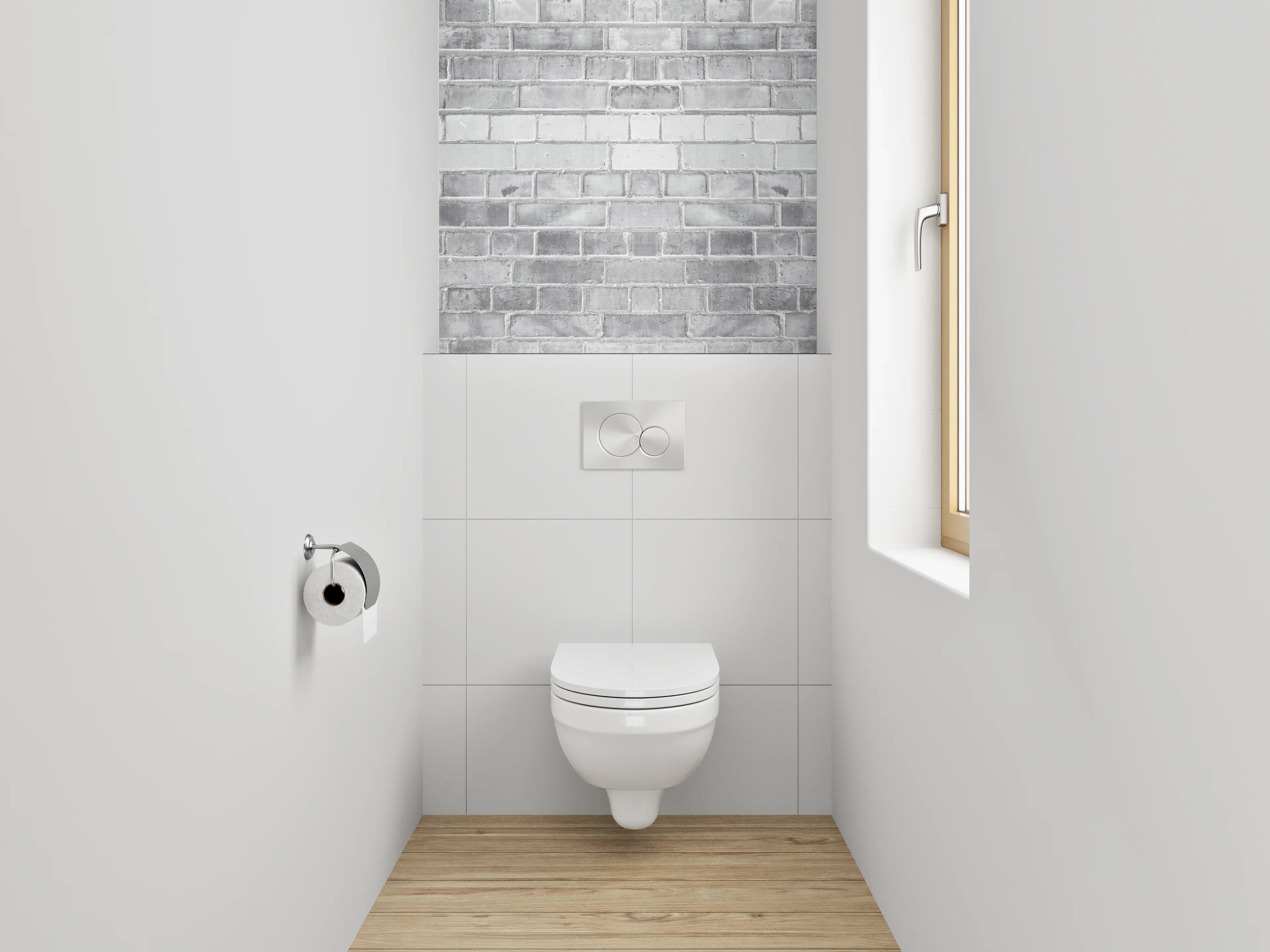 WC-Rückwand - Weiße Ziegelwand in Beton-Optik