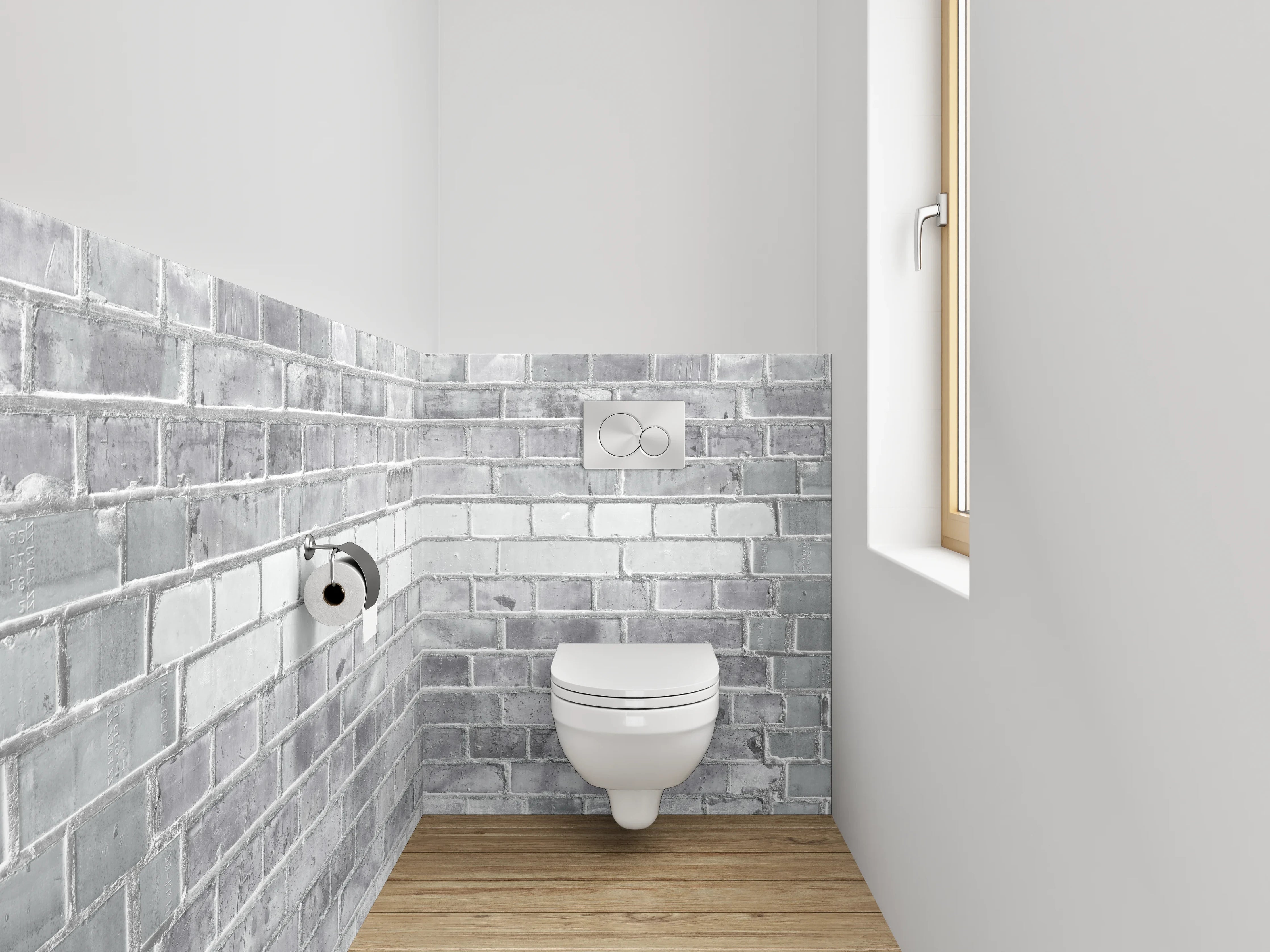 WC-Rückwand - Weiße Ziegelwand in Beton-Optik
