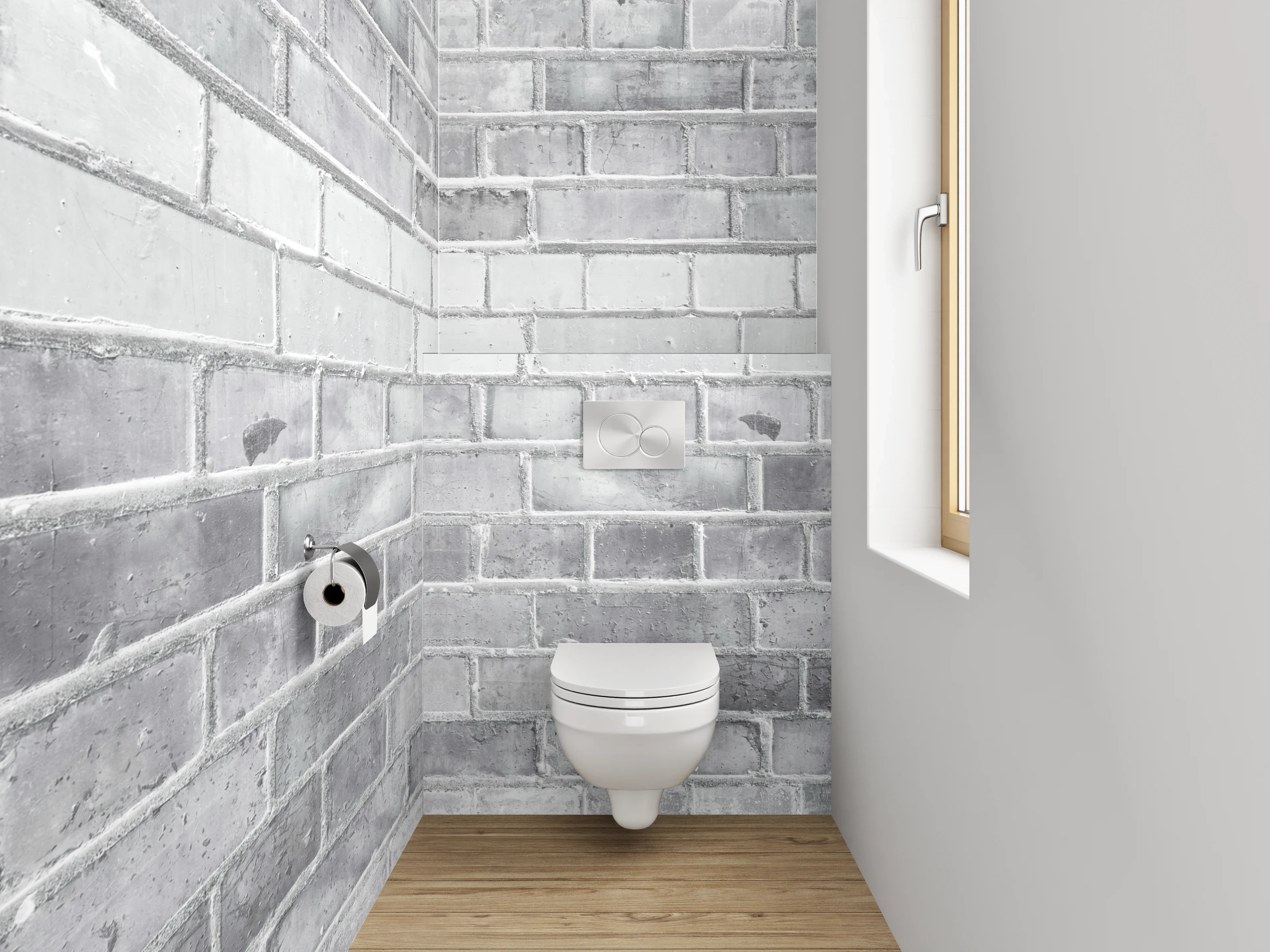 WC-Rückwand - Weiße Ziegelwand in Beton-Optik