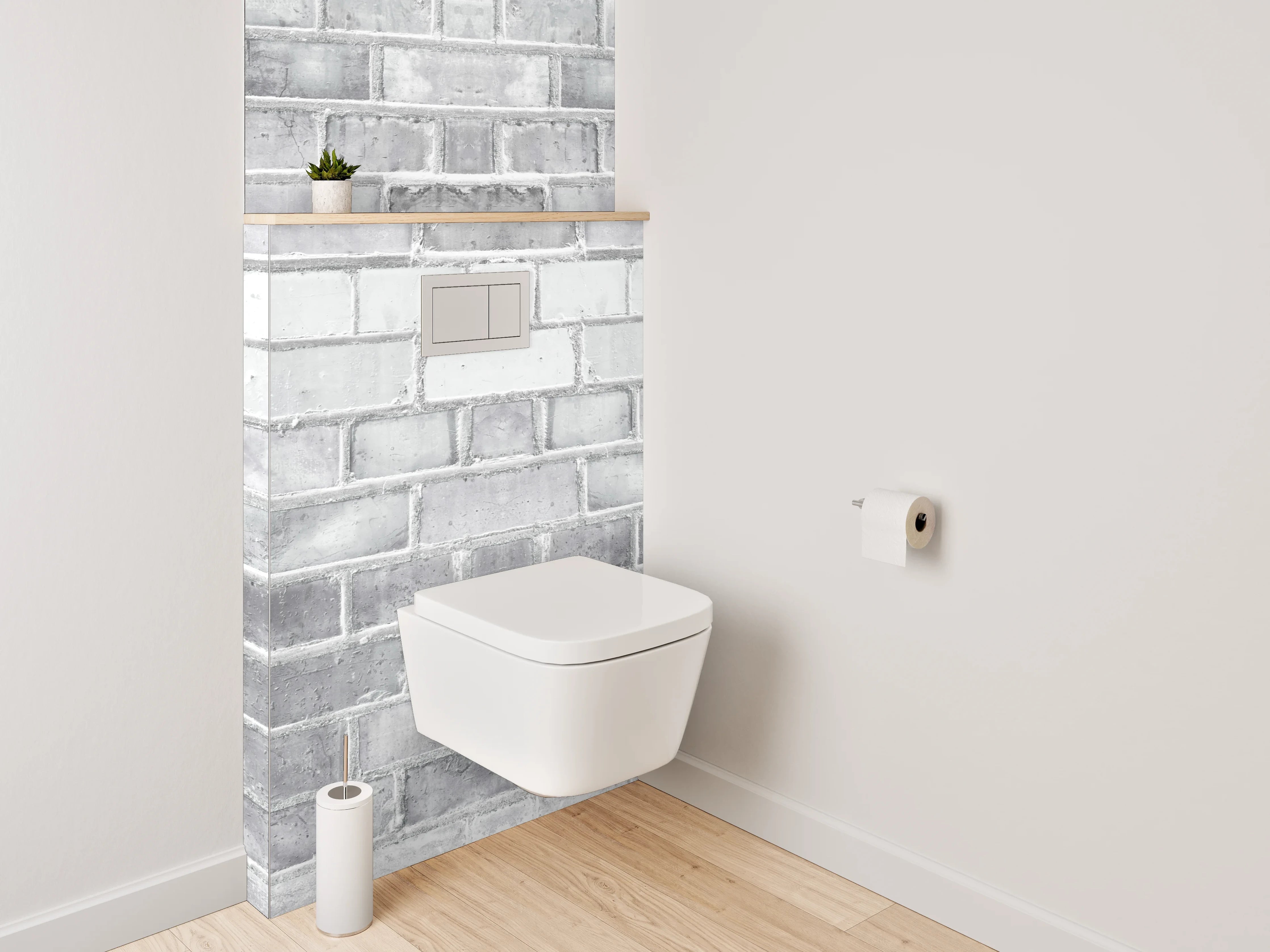 WC-Rückwand - Weiße Ziegelwand in Beton-Optik